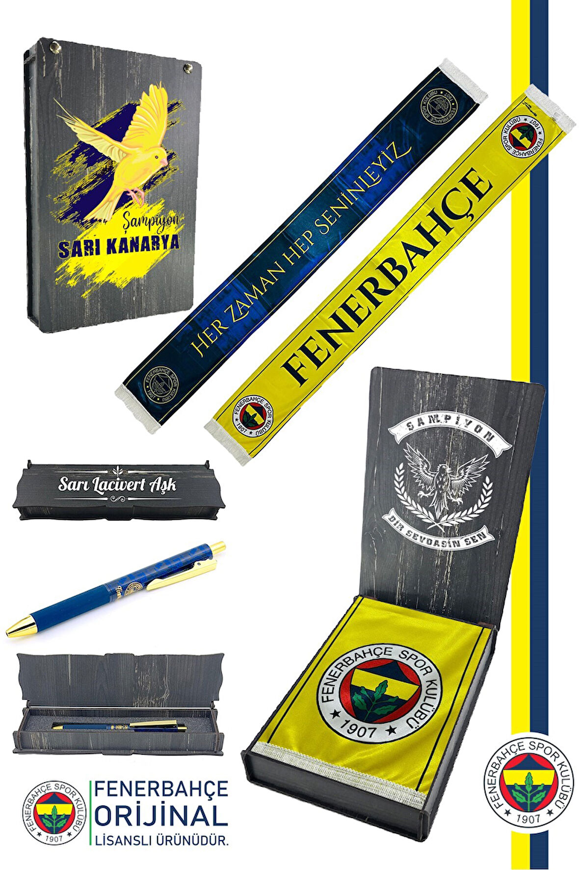 Fenerbahçe Orijinal Lisanslı Her Zaman Hep Seninleyiz Şal Atkı ve Hybrit Tükenmez Kalem 
