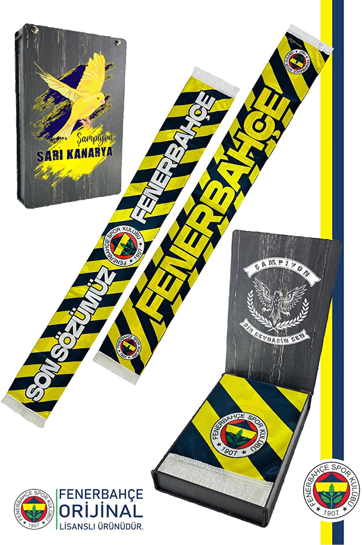 Fenerbahçe Orijinal Lisanslı Son Sözümüz Fenerbahçe Şal Atkı Kanarya Baskılı Ahşap Kutul