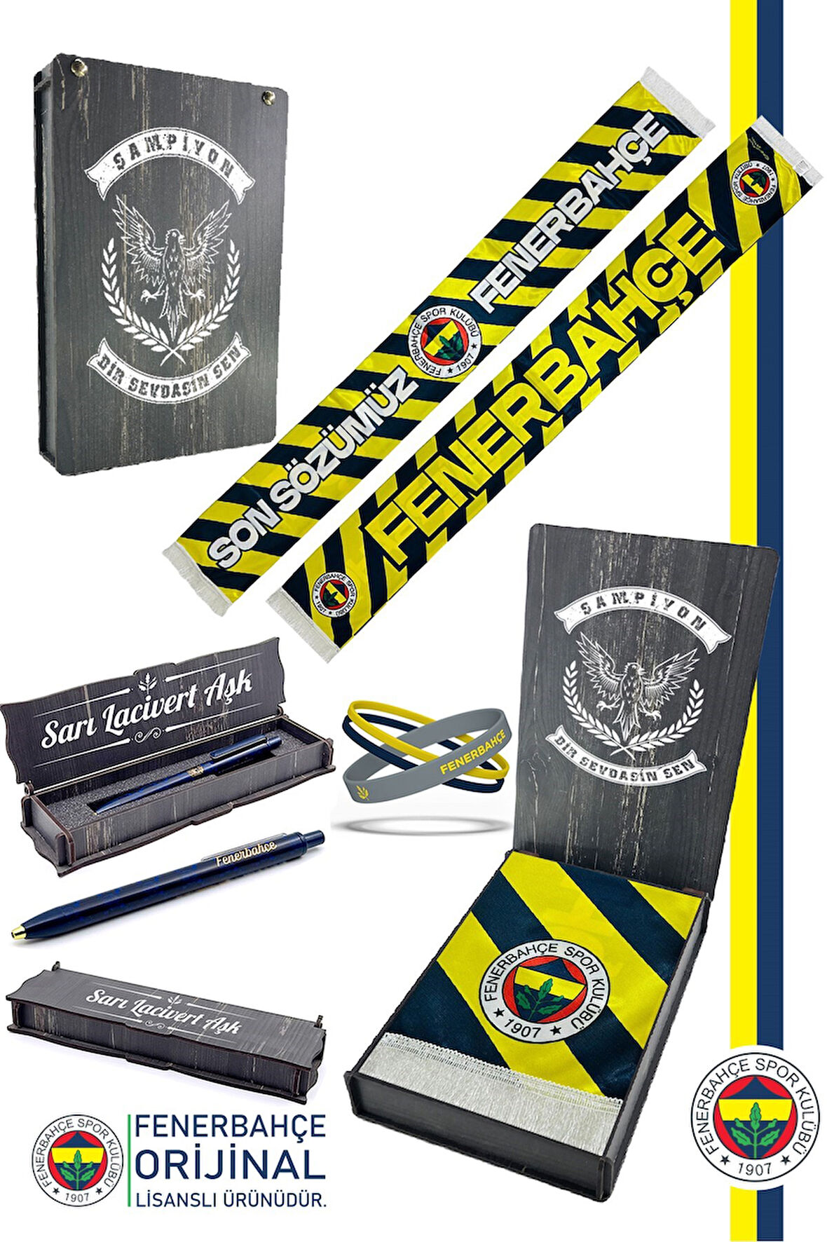 Fenerbahçe Orijinal Lisanslı Son Sözümüz Fenerbahçe Saten Şal Atkı + Uçlu Kalem + Bilekl