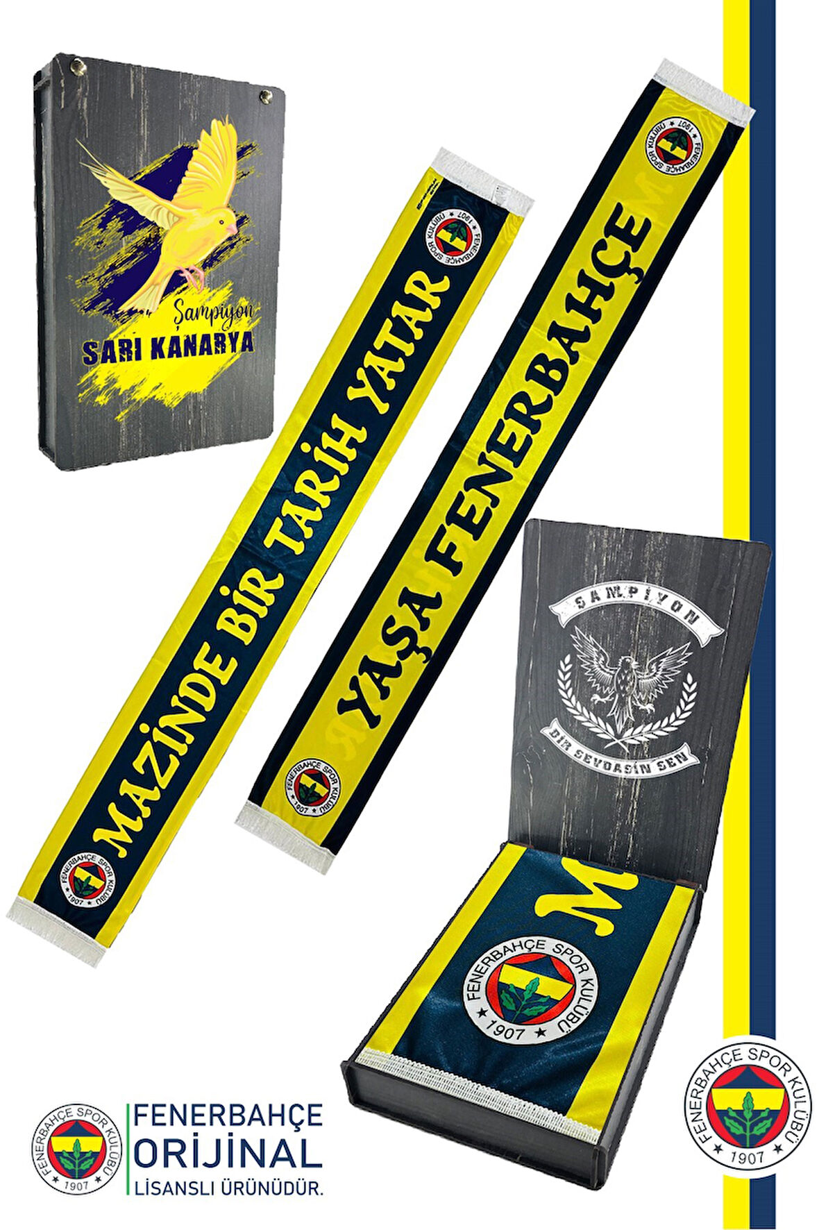 Fenerbahçe Orijinal Lisanslı Mazinde Bir tarih Yatar Şal Atkı Kanarya Baskılı Ahşap Kutu