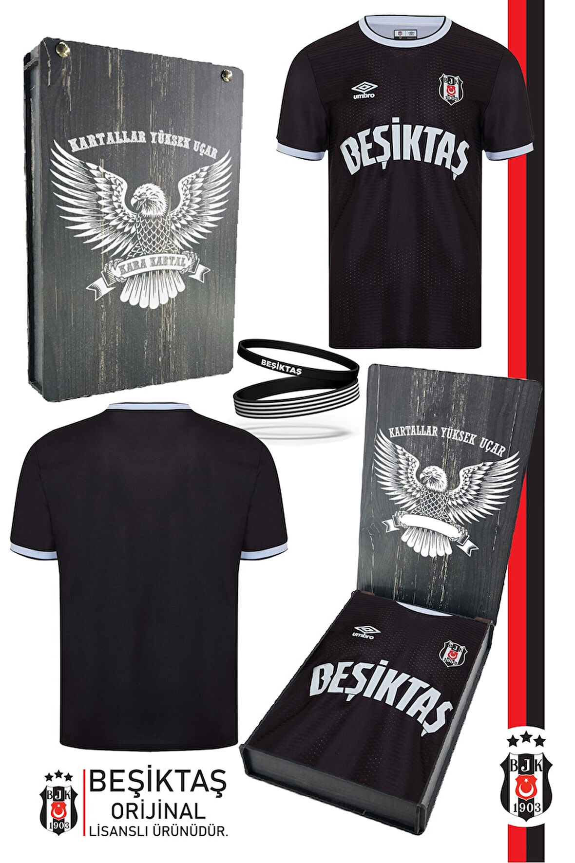 Beşiktaş Orijinal Lisanslı Nostalji Siyah Forma + Bileklik Set Hediyelik Ahşap Kutulu