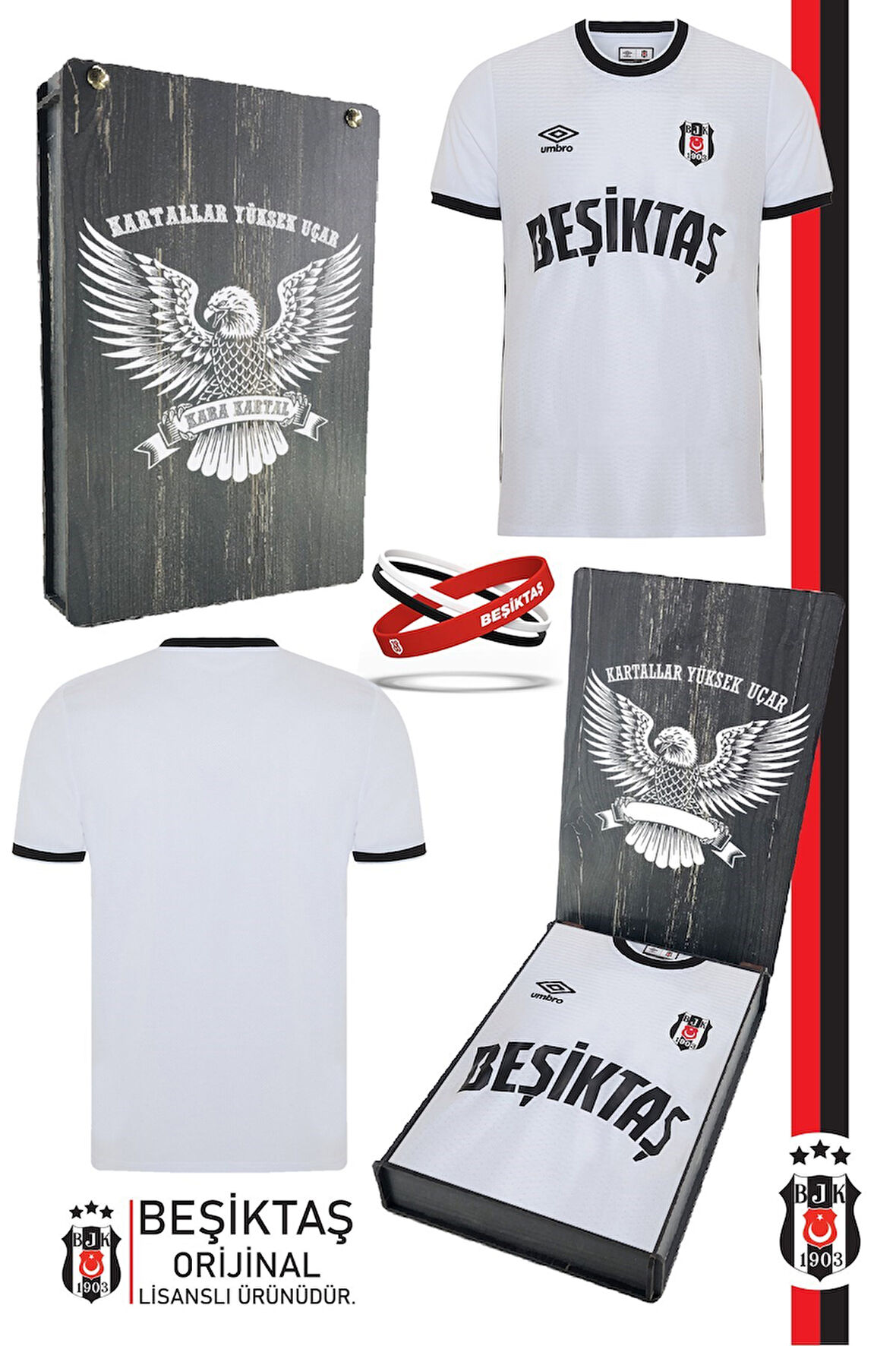 Beşiktaş Orijinal Lisanslı Nostalji Beyaz Çocuk Forma + Bileklik Set Hediyelik Ahşap Kutu