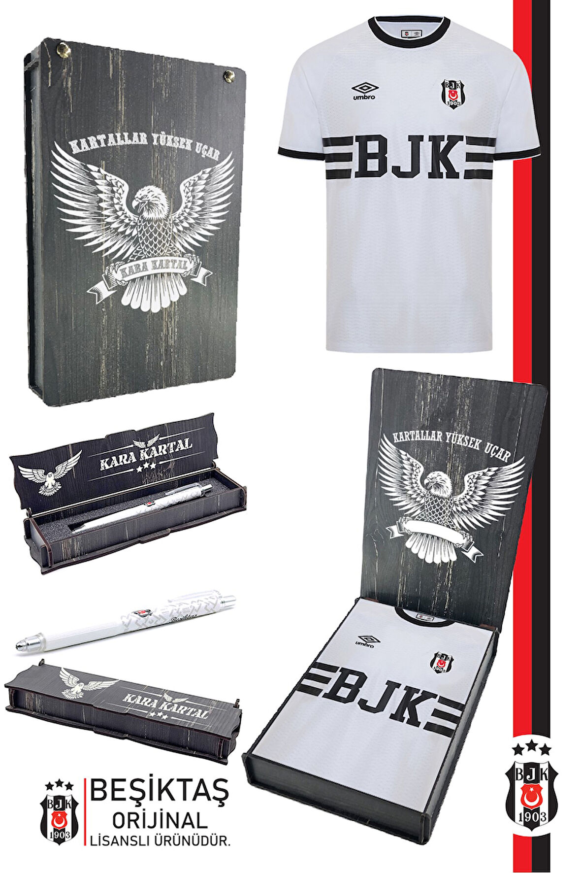 Beşiktaş Orijinal Lisanslı Nostalji Beyaz Bjk Çocuk Forma + Uçlu Kalem Set Hediyelik Ahşap Kutu
