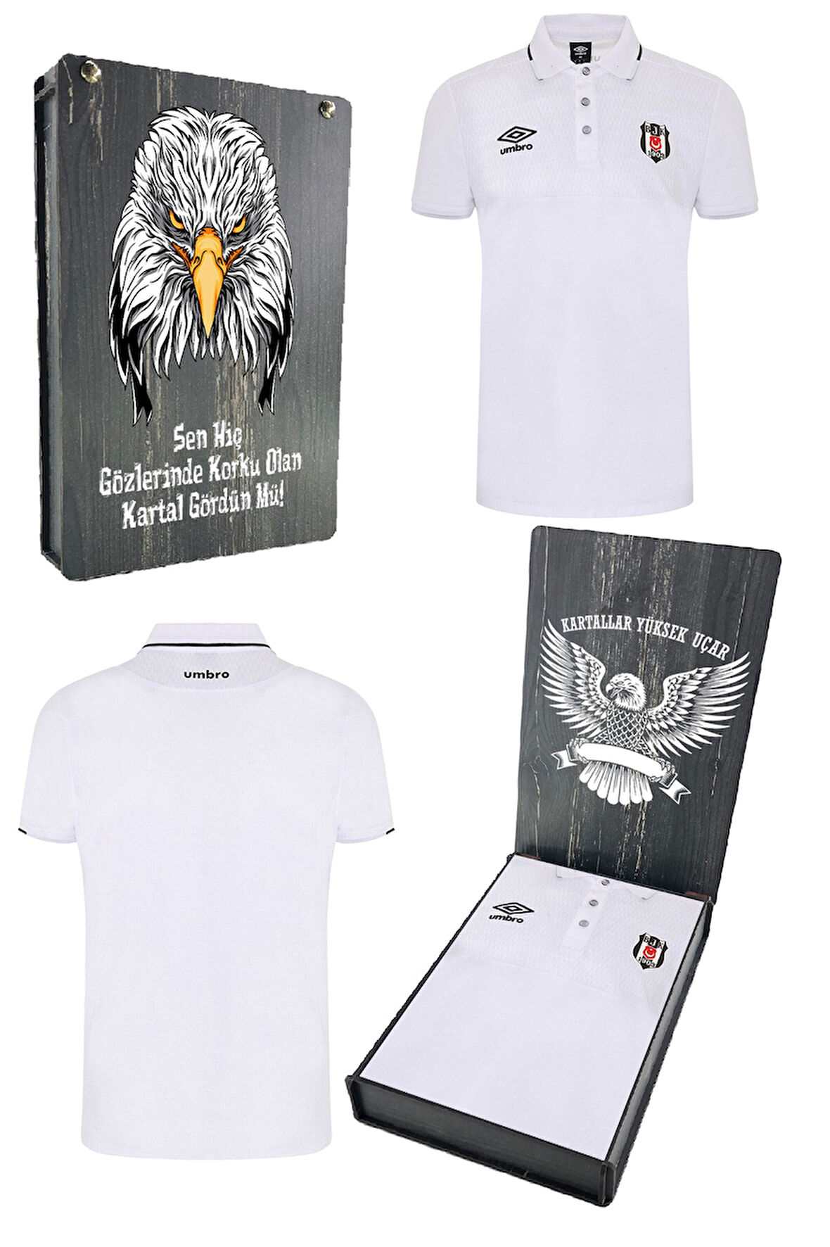 Beşiktaş Orijinal Lisanslı Polo Yaka Beyaz T-Shirt Bjk Kartal Baskılı Hediyelik Ahşap K