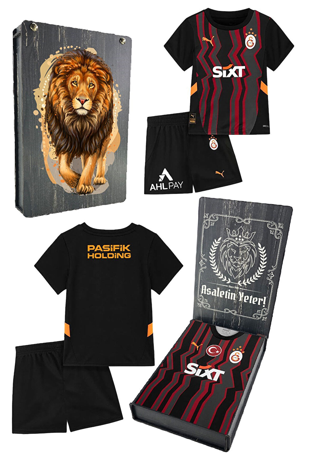 Galatasaray Orijinal Lisanslı 24-25 Siyah 5 Yıldızlı Çocuk Forma Set Hediyelik Ahşap Kutu