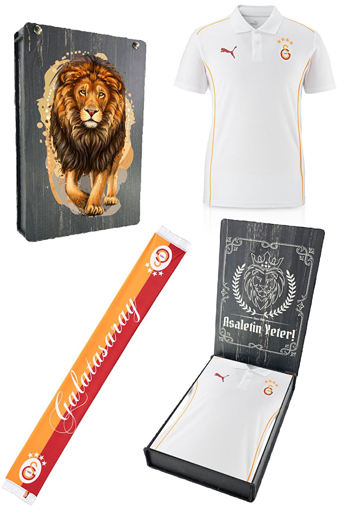 Galatasaray Orijinal Lisanslı Polo Yaka Beyaz Antrenman T-Shirt + Şal Kaşkol Set Ahşap Kutu