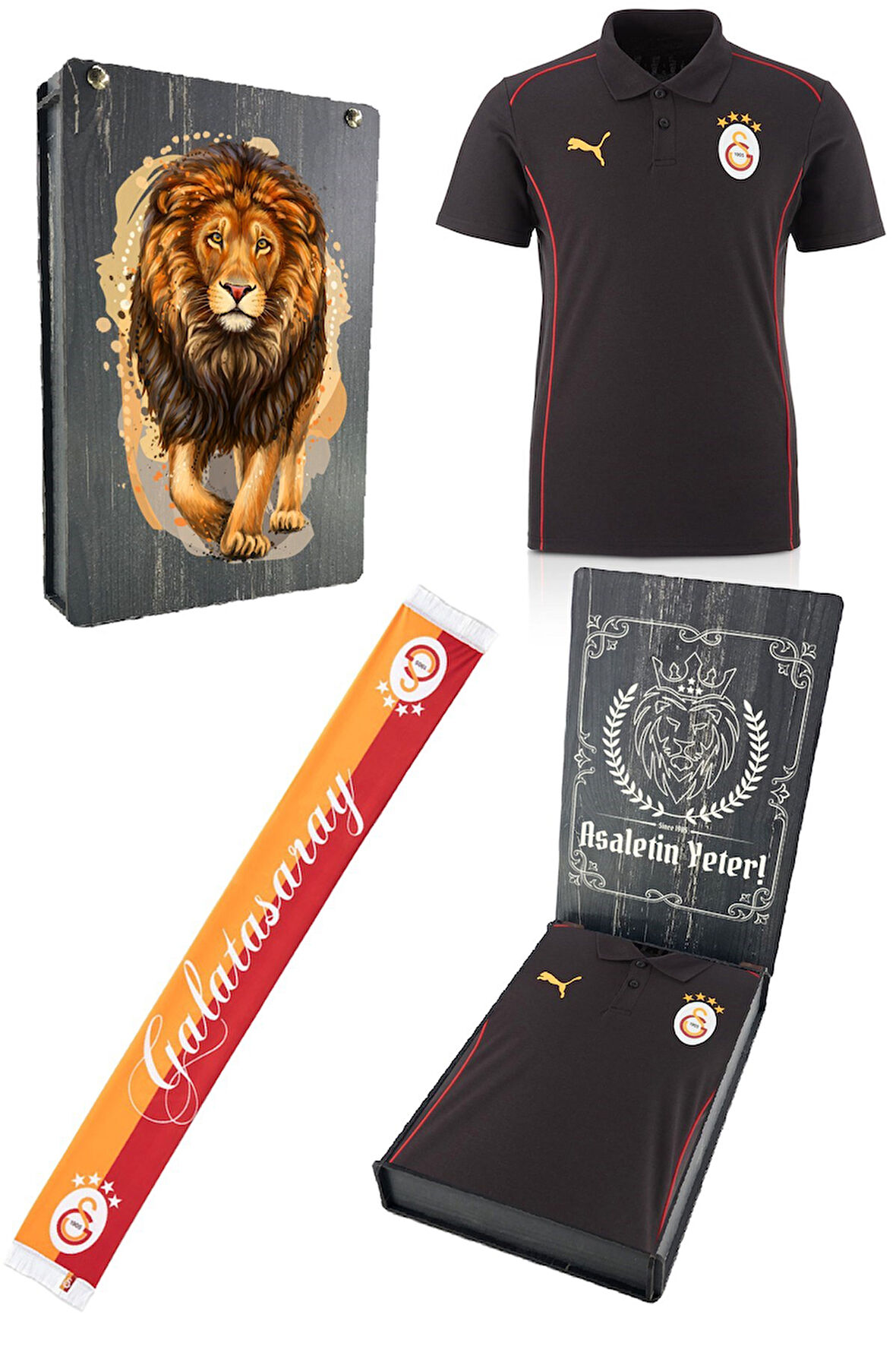 Galatasaray Orijinal Lisanslı Polo Yaka Siyah Antrenman T-Shirt + Şal Kaşkol Set Ahşap Kutu