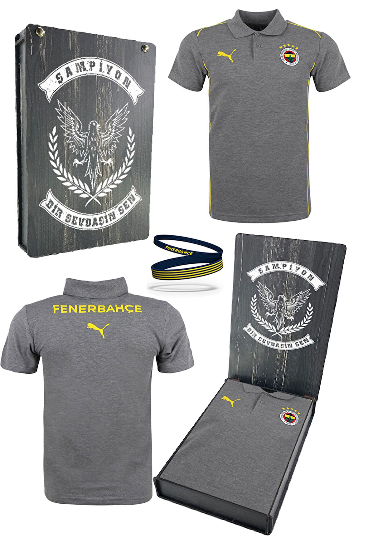 Fenerbahçe Orijinal Lisanslı 2024/25 A Takım Polo Yaka Gri T-Shirt + Bileklik Set Hediyelik Kutu