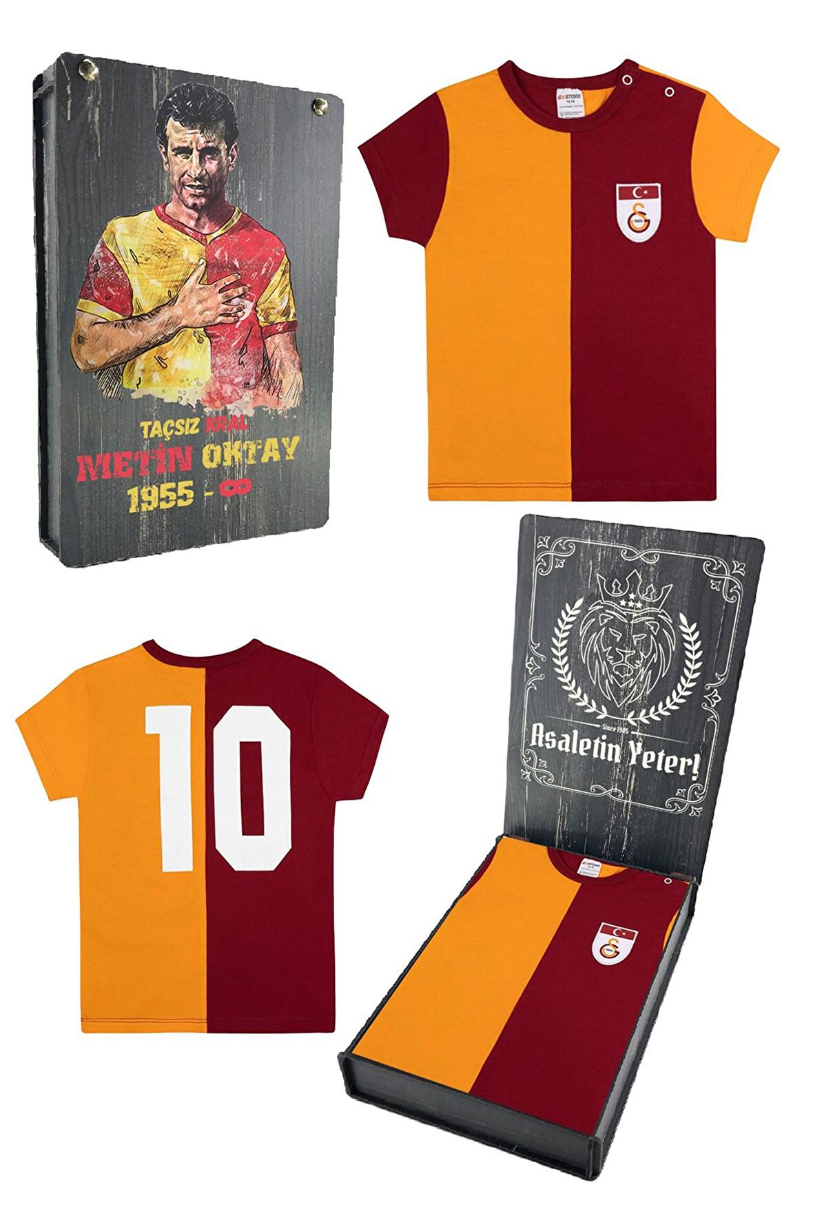 Galatasaray Orijinal Lisanslı Metin Oktay Sarı Kırmızı Unisex Bebek T-shirt Hediyelik Ahşap Kutulu