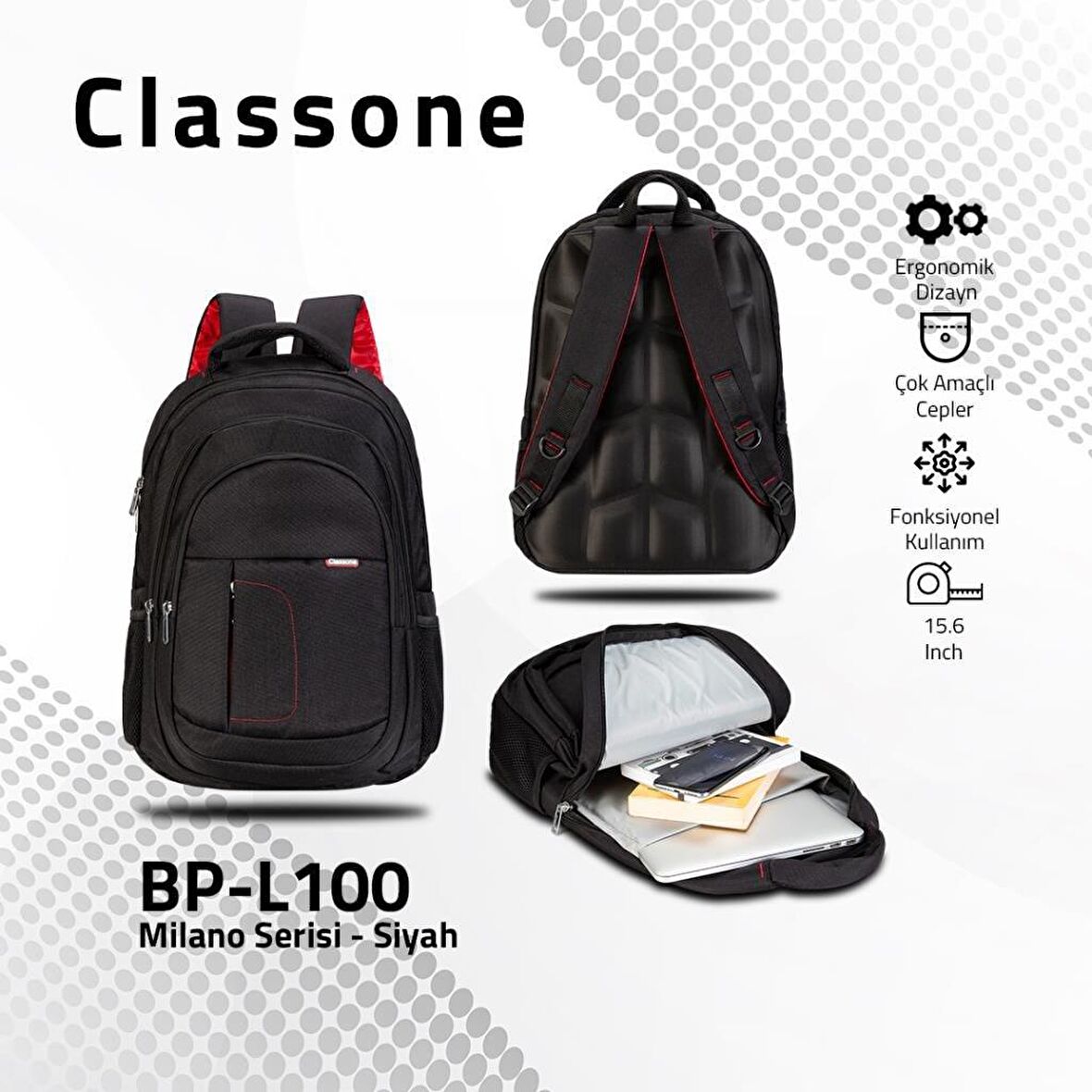 Classone BP-L100 15,6 inç Notebook Sırt Çantası-Siyah