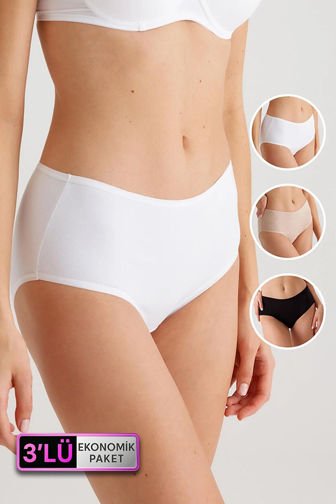 Kadın 3'lü Ekonomik Paket Siyah-beyaz-ten 2033 Maxi Cut Pamuklu Basic Külot