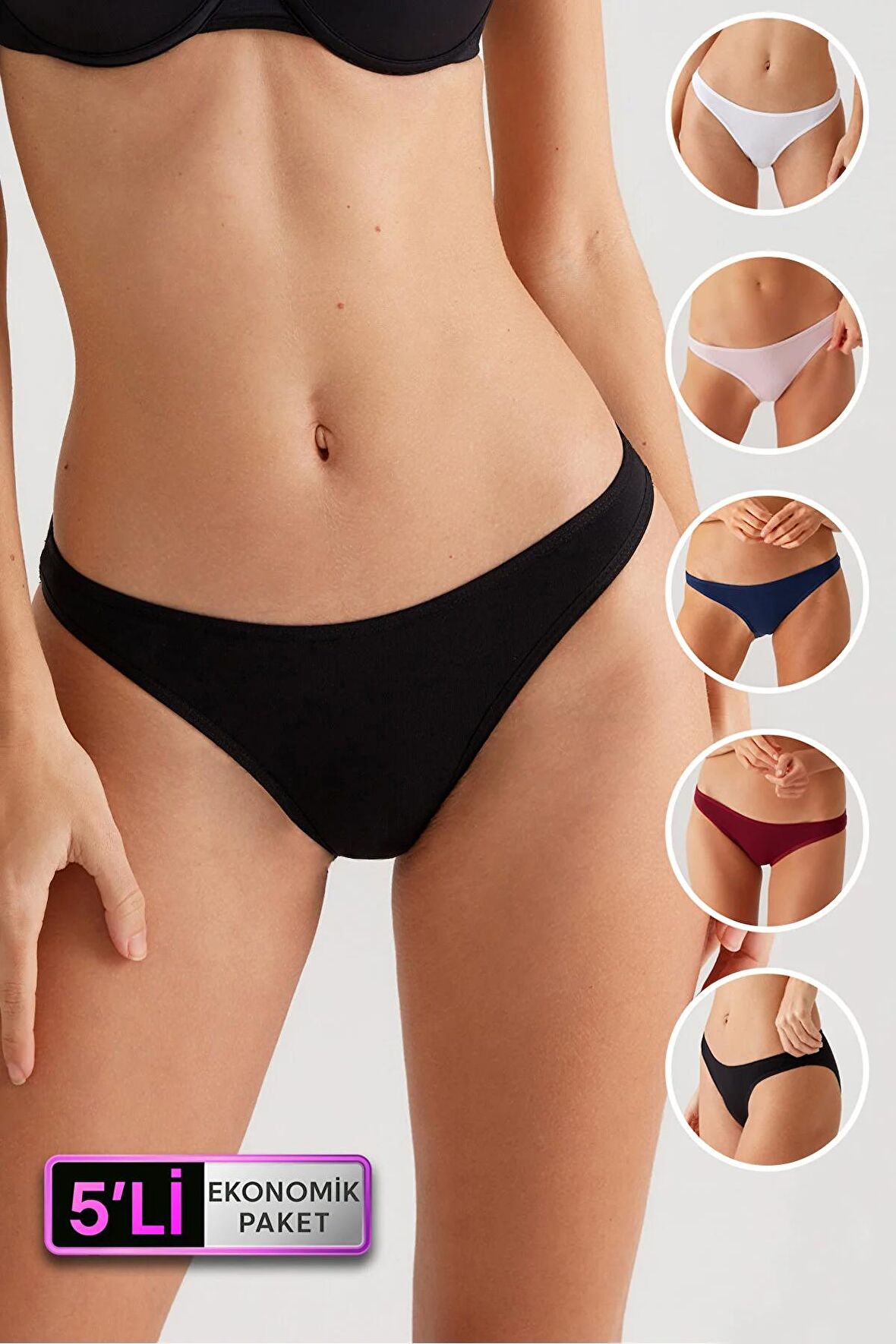 Kadın 5'li Ekonomik Paket Siyah-lacivert-bordo-pudra-ekru 2055 Basic Brief Pamuklu Külot