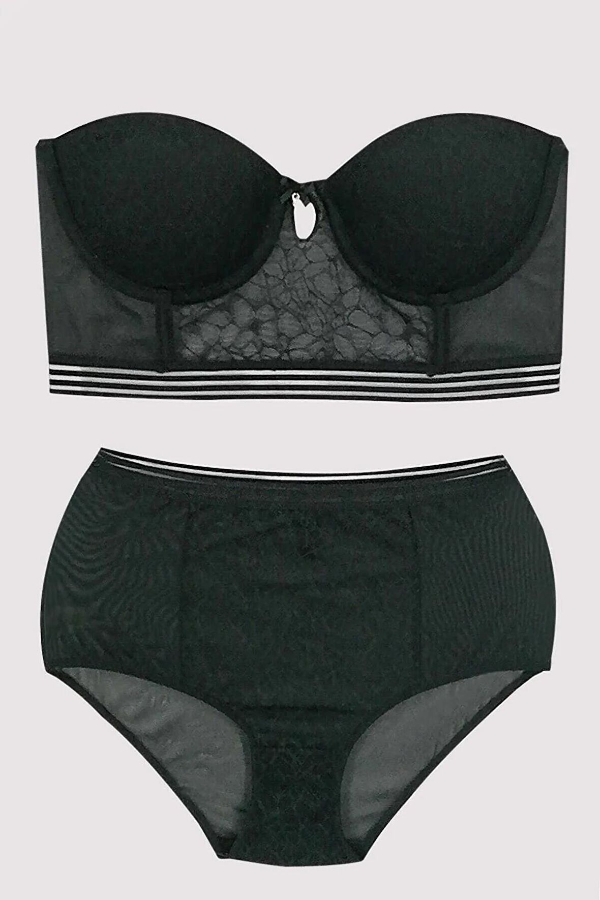 Siyah 4672 Cenova Balenli Soft Push Up Dantelli Straplez Büstiyer Iç Çamasir Takimi Aski Hediyeli