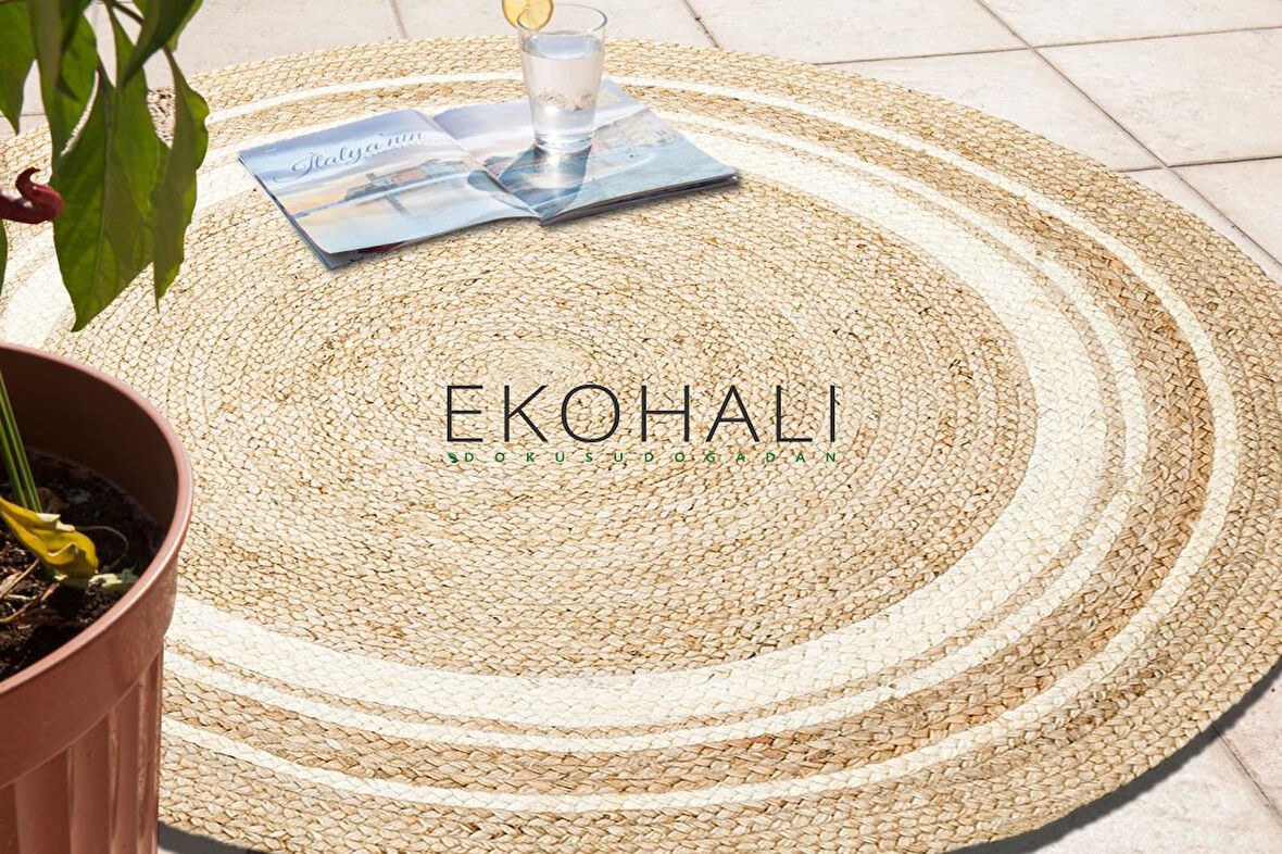 Juno Koleksiyonu Jüt ile üretilen el dokuma sisal kilim ECH 01 Natural White
