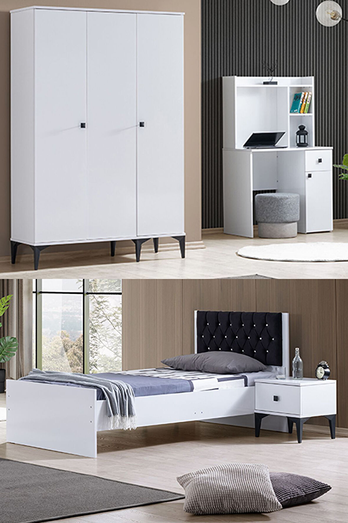 White Genç Odası - 3 Kapılı Dolap, Karyola, Komodin, Masa