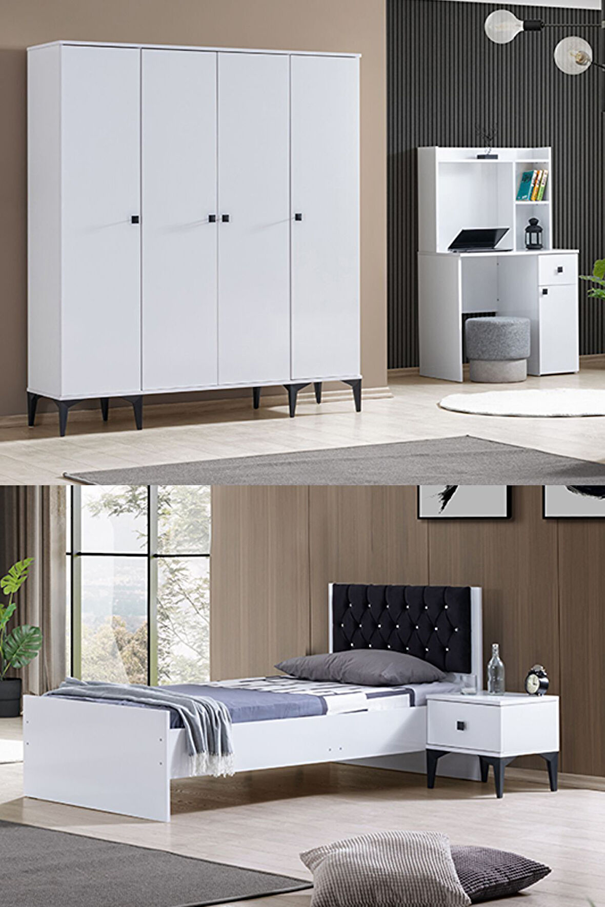 White Genç Odası - 4 Kapaklı Dolap, Karyola, Komodin, Masa