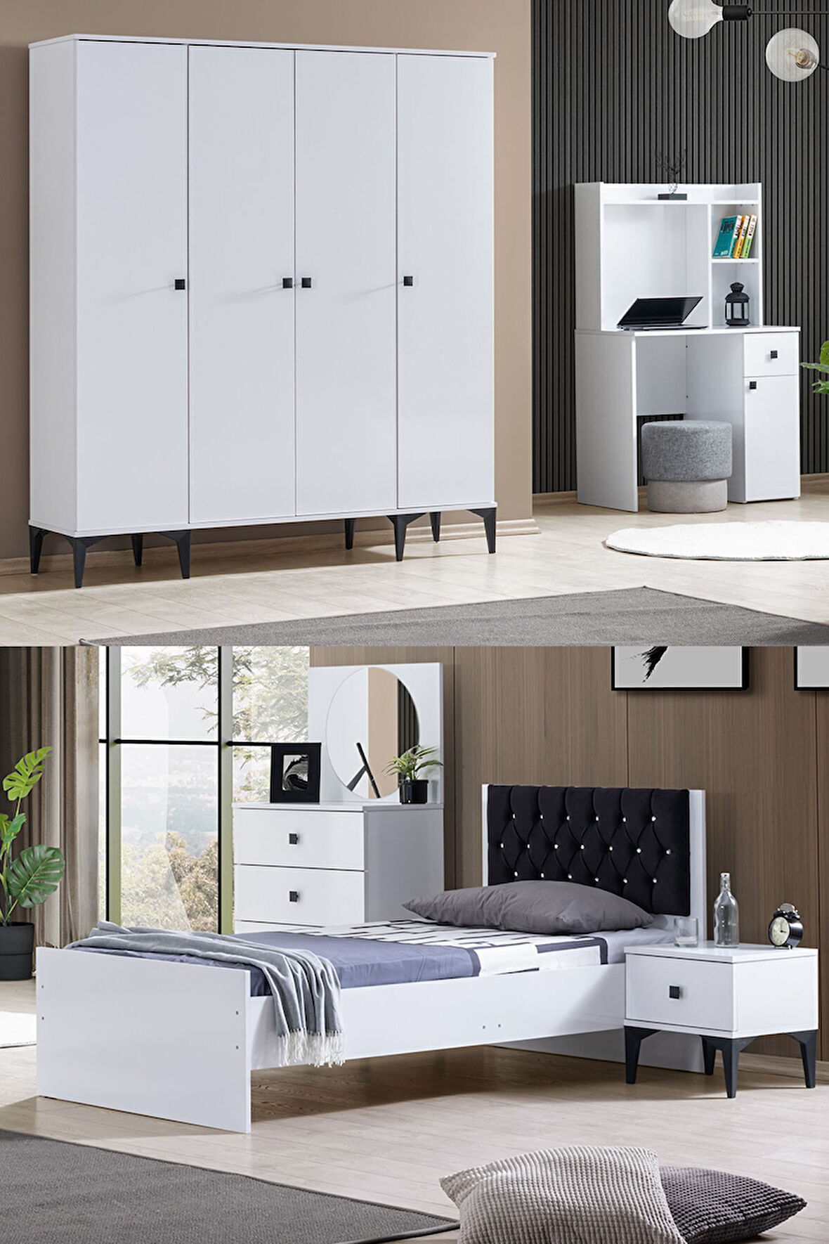White Genç Odası - 4 Kapaklı Dolap, Karyola, Komodin, Şifonyer, Masa