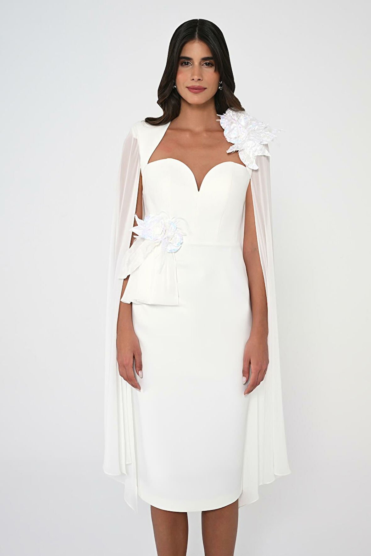 Alfa Beta Kadın Kalp Göğüs Kolları Şifon Şal Midi Abiye Elbise