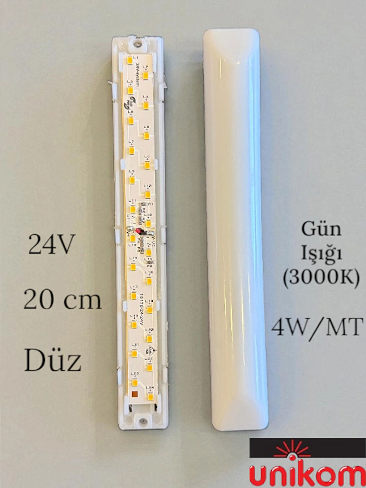 UNİKOM 50'Lİ PAKET -20 CM - 24V -DÜZ TABAN - GÜN IŞIĞI 3000K - TENTE LED AYDINLATMA ARMATÜR 