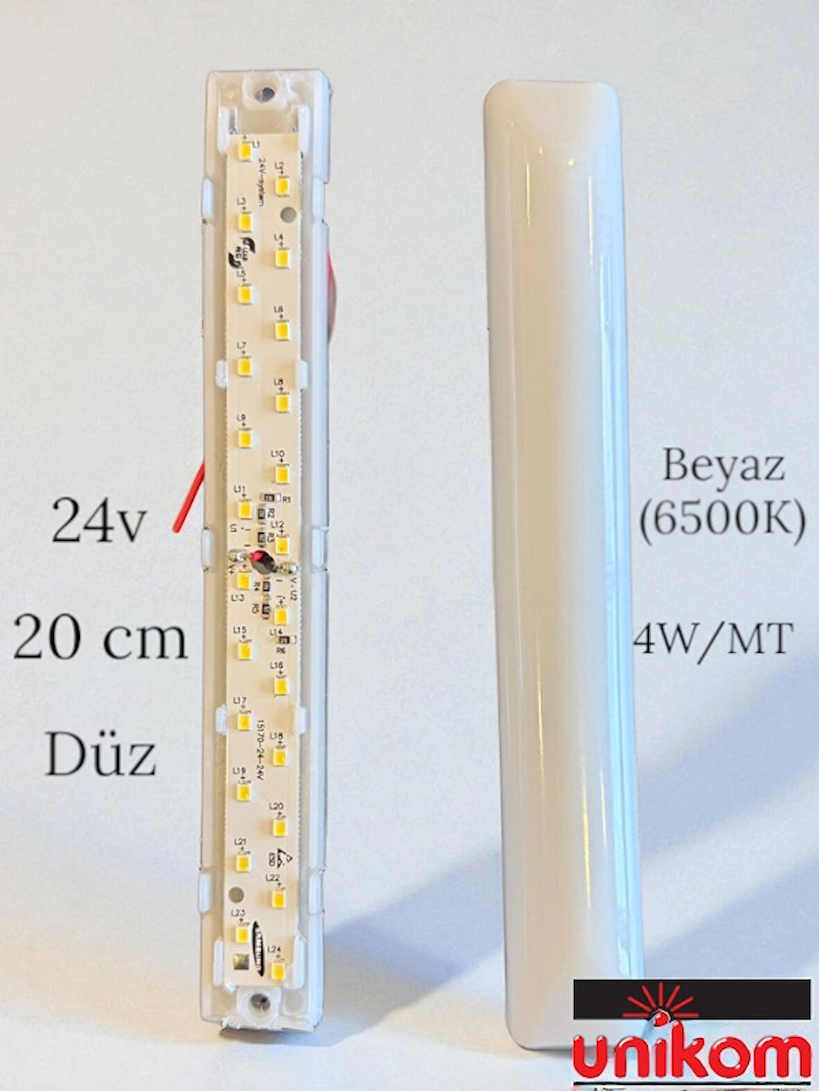 UNİKOM -50'Lİ PAKET -20 CM -24V - DÜZ  TABAN - BEYAZ IŞIK 6500K TENTE LED AYDINLATMA ARMATÜR 