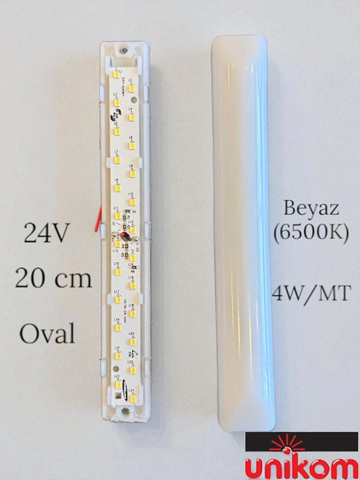 UNİKOM 50'Lİ PAKET 20 CM - 24V - OVAL TABAN - BEYAZ IŞIK 6500K -TENTE LED AYDINLATMA ARMATÜR