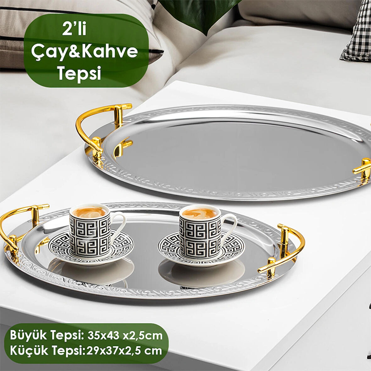 Porsima Elit Premium 2'li Paslanmaz Çelik Kahve Tepsisi Gümüş Tepsi Gold Detaylı Dekoratif Servis Sunum Tepsisi