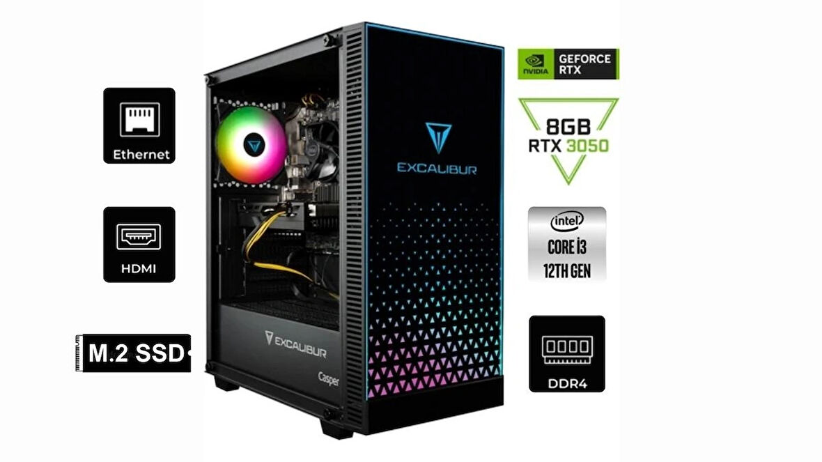 Casper Excalibur Intel Core i3 12100F E65H.121F-8V50X-0FC-018 16GB 4TB RTX3050 FreeDos Masaüstü Bilgisayar 