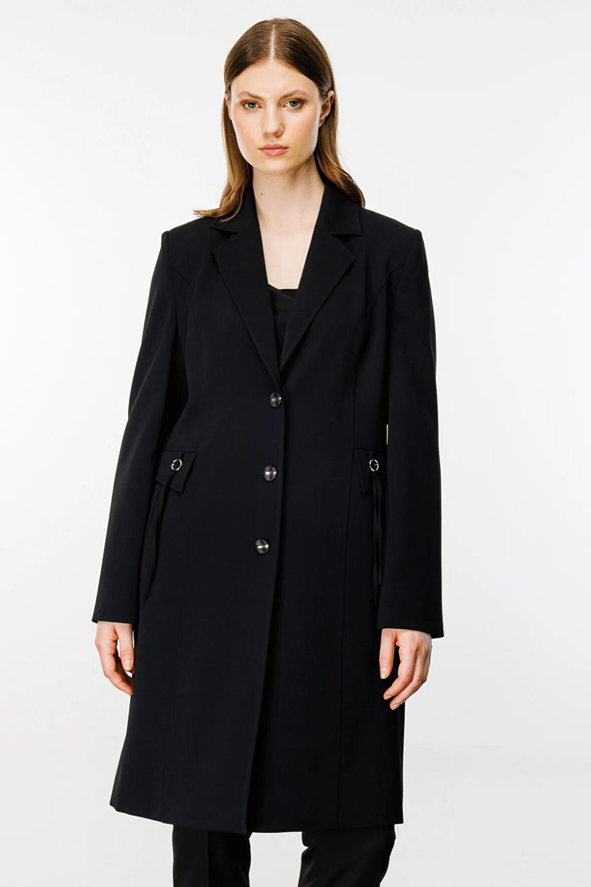 Ekol Büyük Beden Düğmeli Siyah Kadın Pardösü 24EKL06542