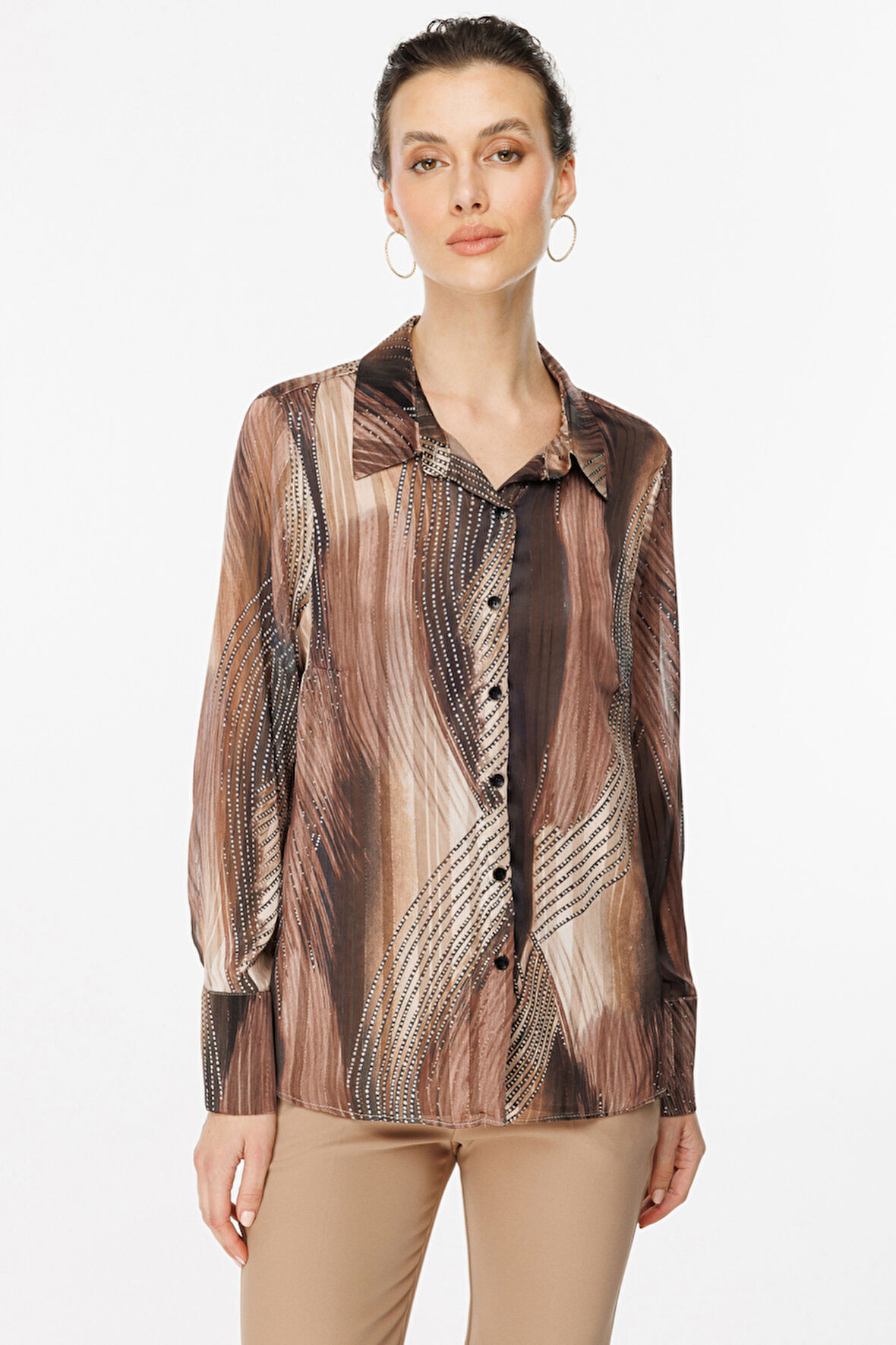 Ekol Kadın Leopar Desenli Şifon Bluz 2103 Camel