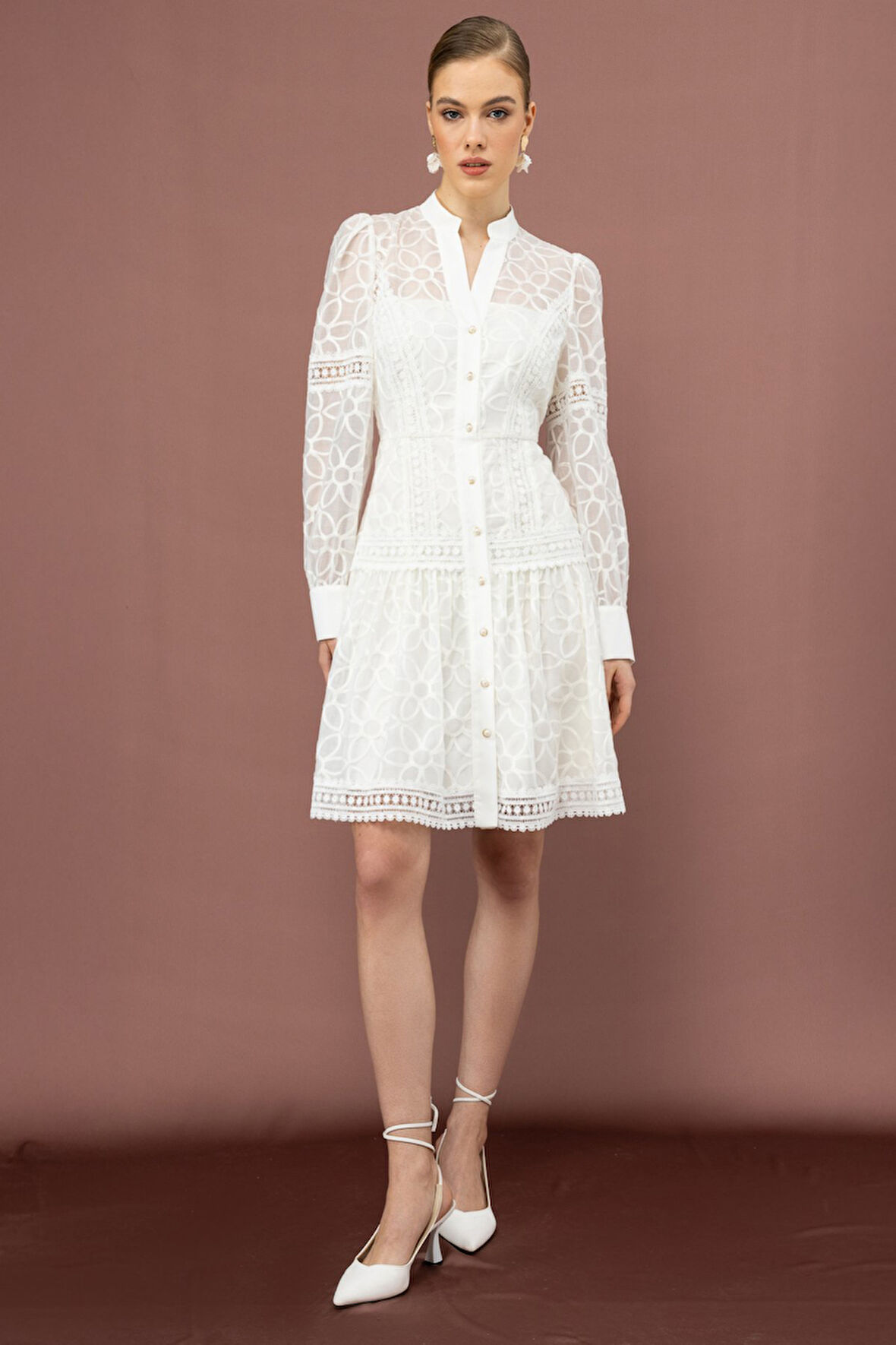 Ekol Kadın Çiçek Nakışlı Düğmeli Elbise 5008 Ekru