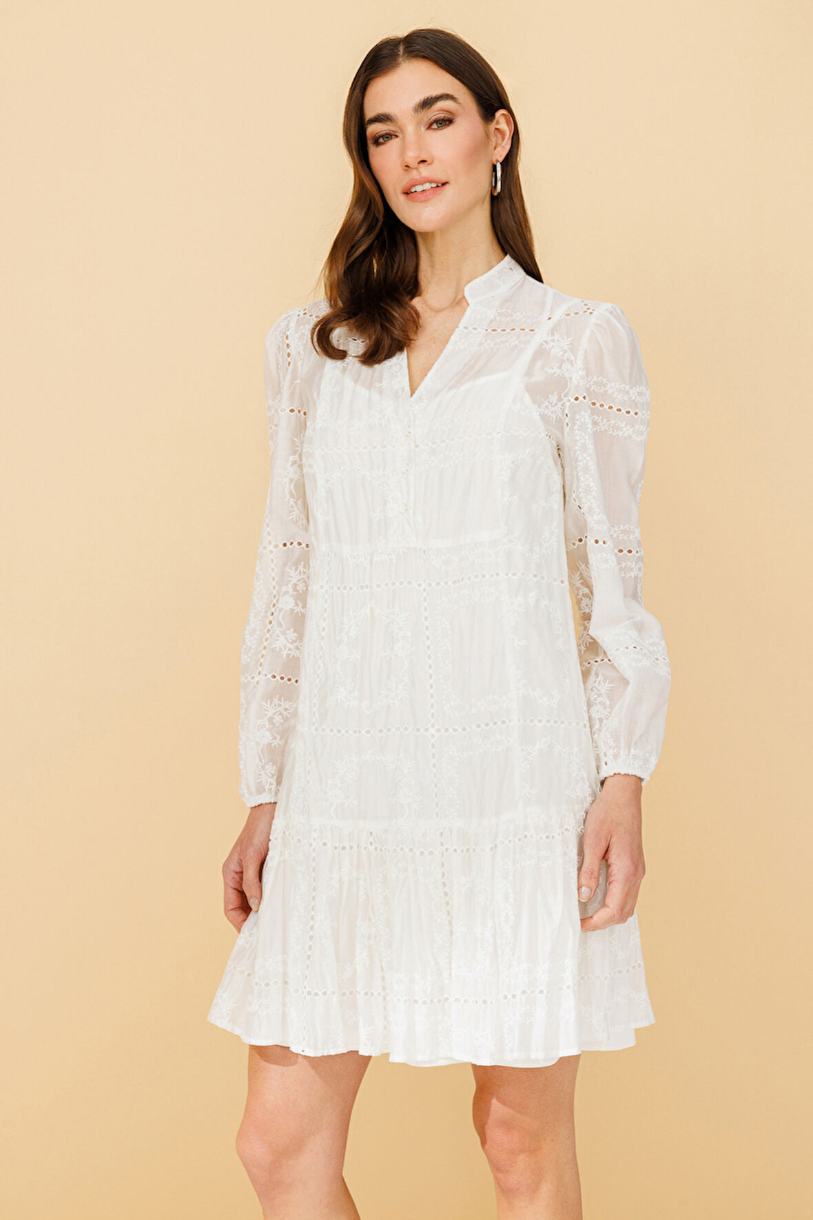 Ekol Kadın Uzun Kol Nakışlı Elbise 5010 Ekru