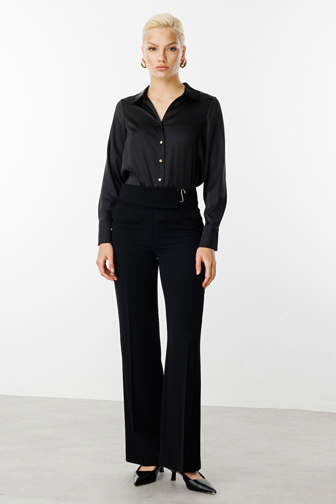 Ekol Kadın Beli Tokalı Bol Paça Pantolon 2032 Siyah