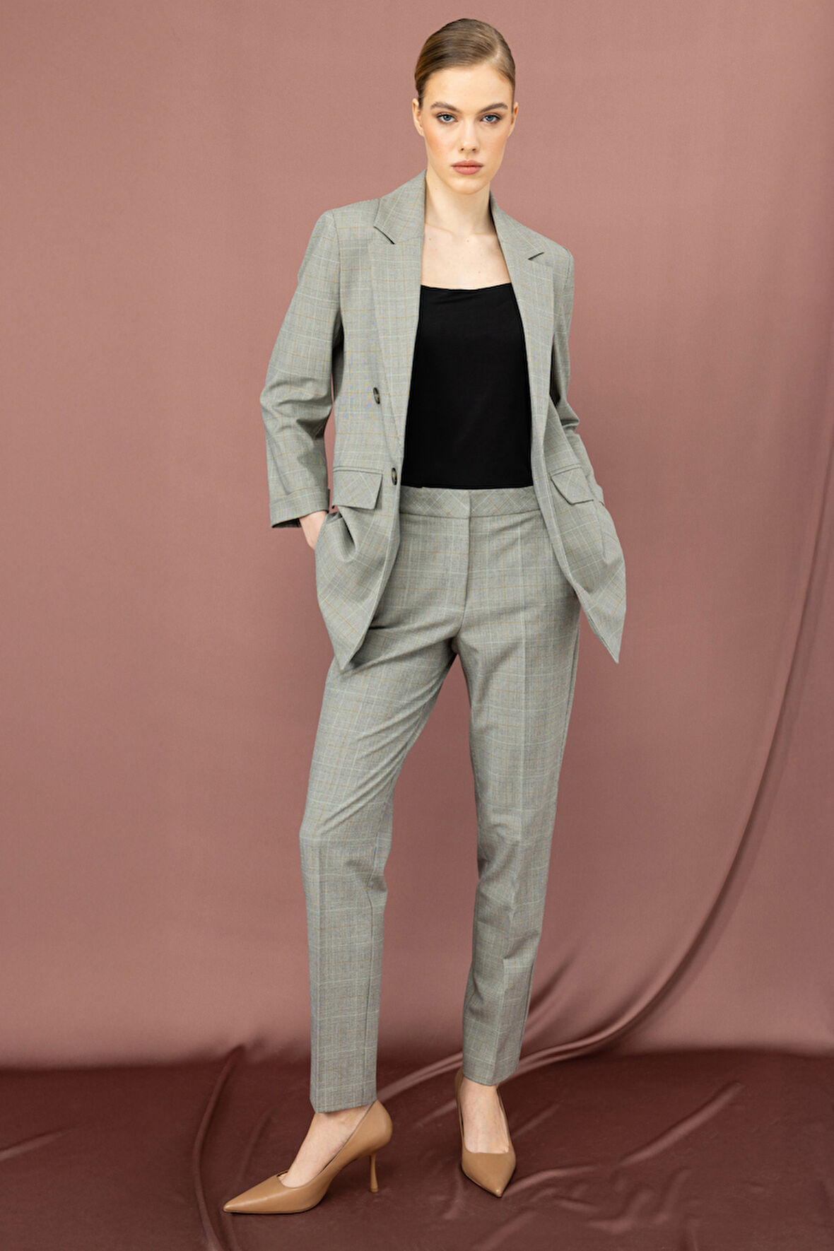 Ekol Kadın Ekoseli Dar Paça Pantolon 4088 Gri