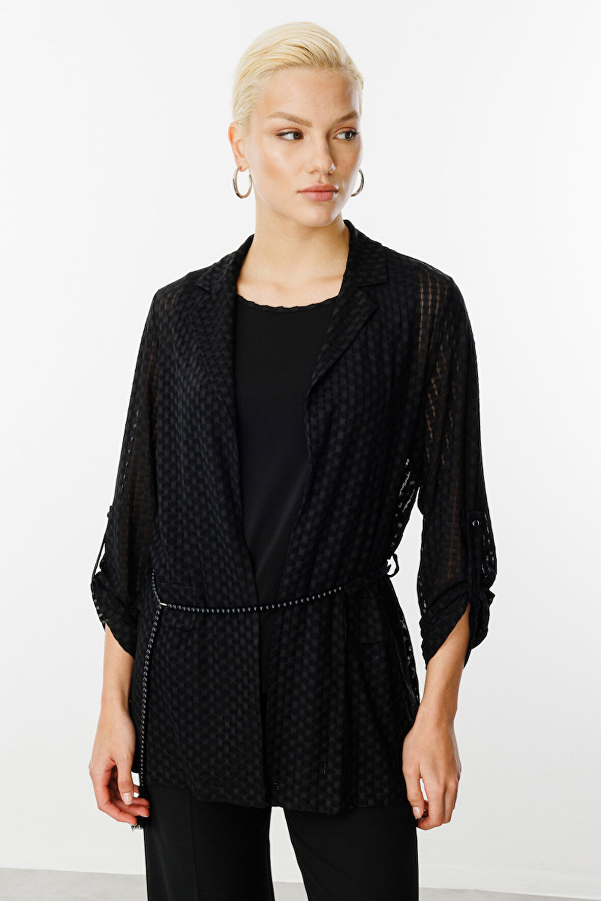 Ekol Kadın İçi Atletli Kendinden Desenli Ceket 4098 Siyah