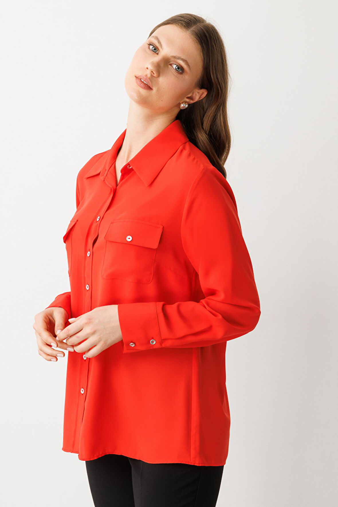 Ekol Kadın Büyük Beden Kapak Cepli Düğmeli Gömlek 3526 Mercan
