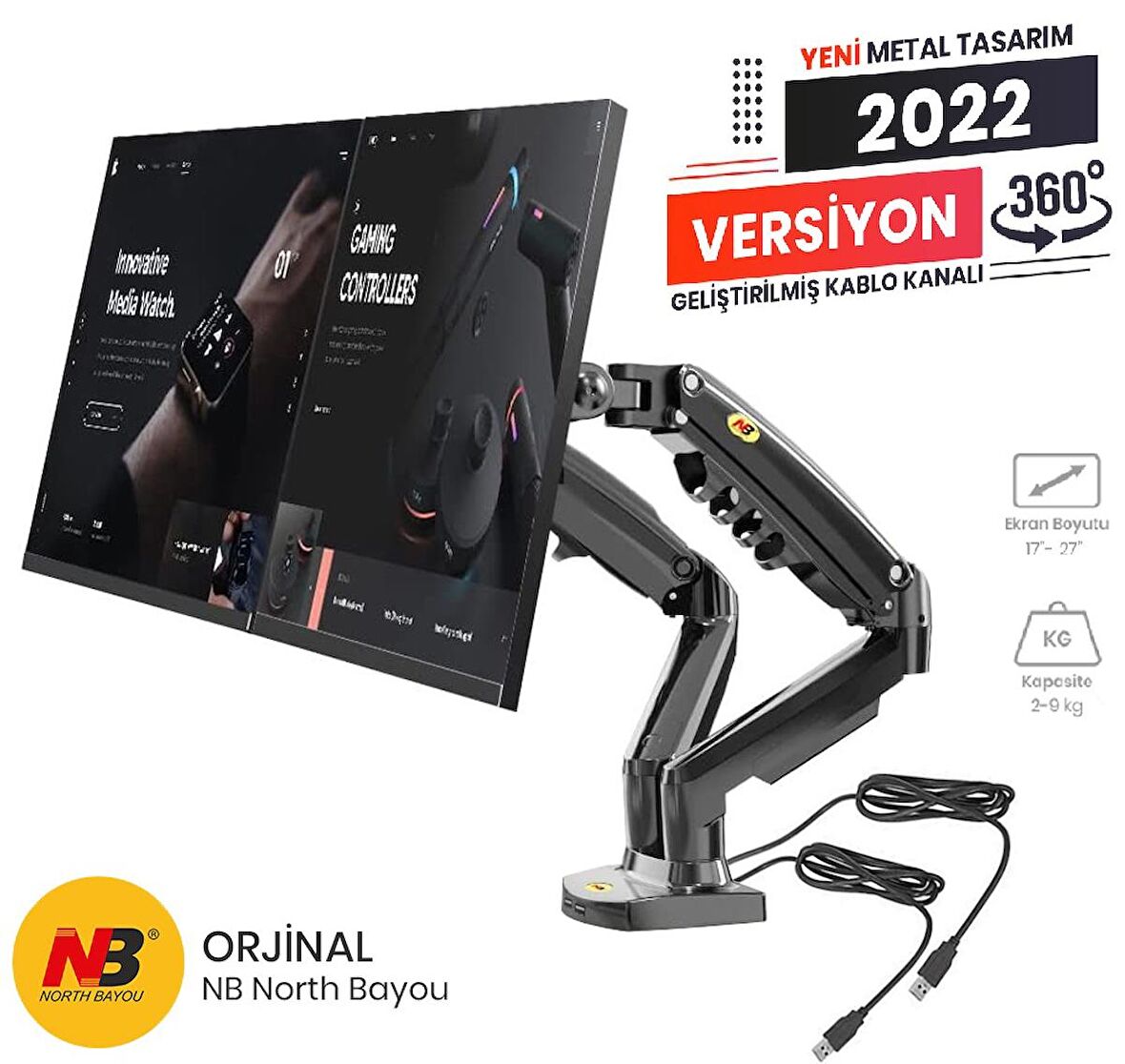 North Bayou NB F160U 17-27" Amortisörlü 2-9 kg Monitör Stand 2023 Black Edition (2xUSB Kablolu)