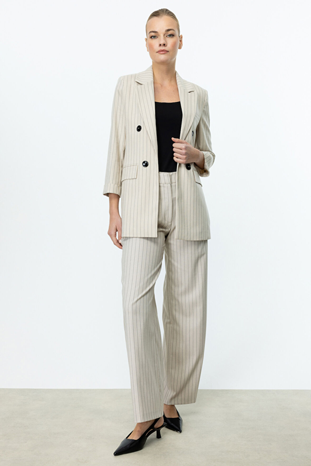 Ekol Kadın Çizgili Bol Paça Pantolon 4056 Bej