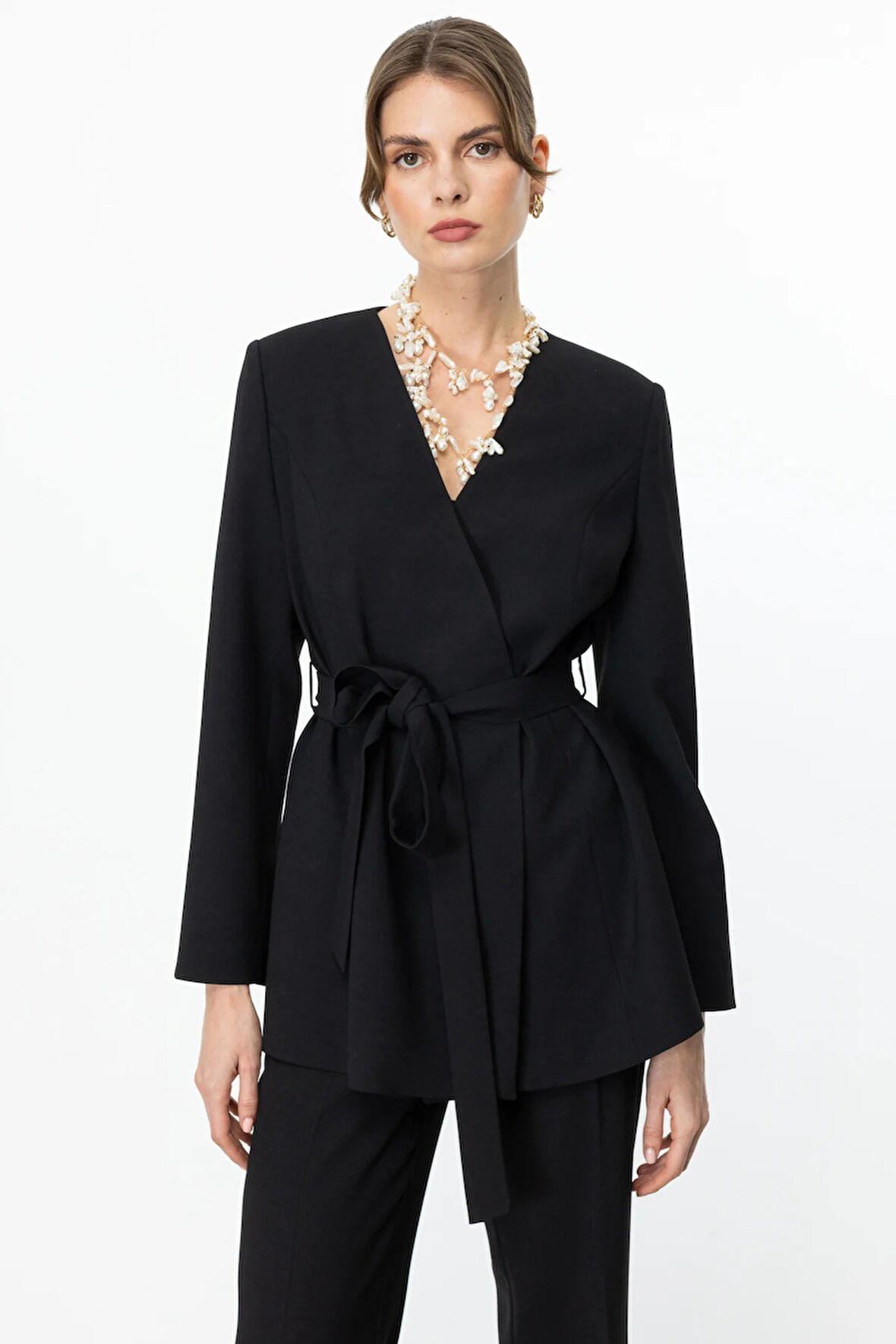 Ekol Kadın Beli Kuşaklı Çift Düğme Ceket 4232 Siyah