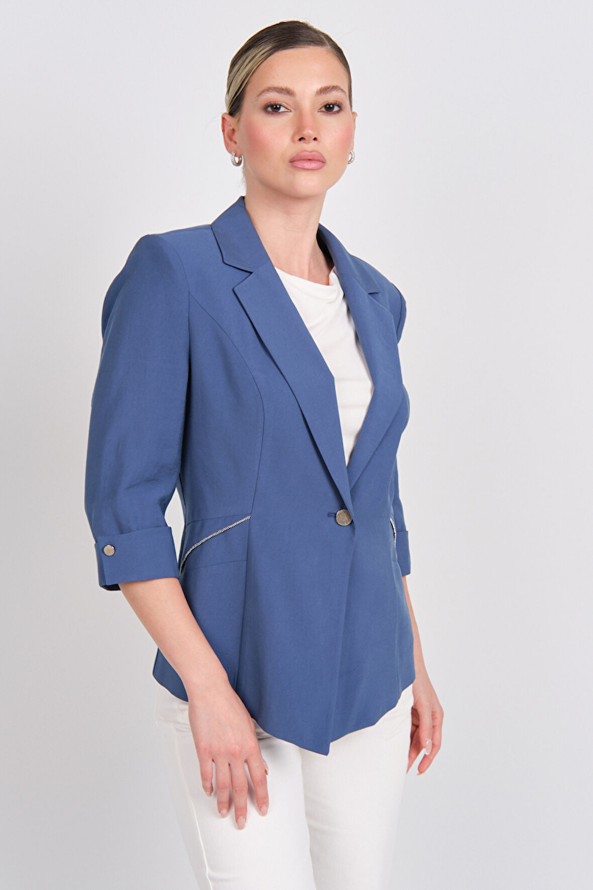 Ekol Kadın Tek Düğme Duble Kol Ceket 4144 Indigo