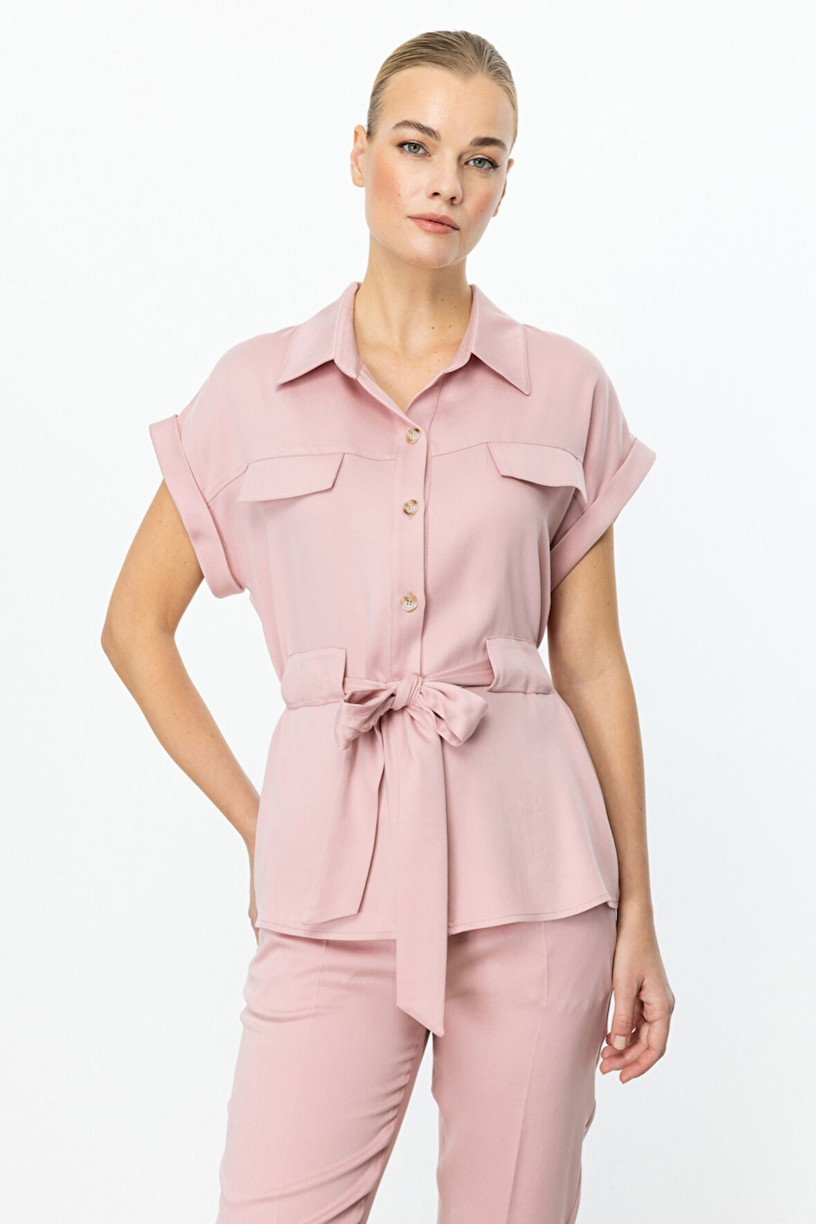 Ekol Kadın Beli Kuşaklı Kısa Kol Bluz 3322 Pudra