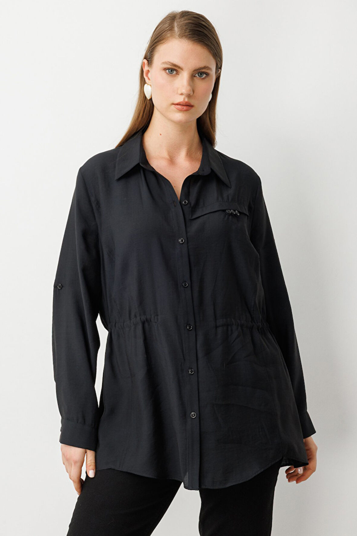 Ekol Kadın Büyük Beden Beli Lastikli Bluz 3642 Siyah