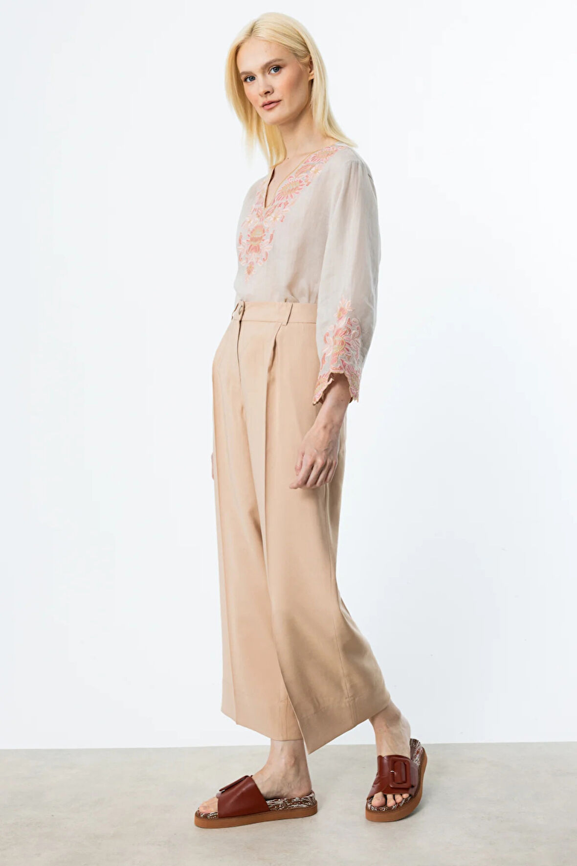 Ekol Kadın Tek Pile Bol Paça Pantolon 2106 Kum