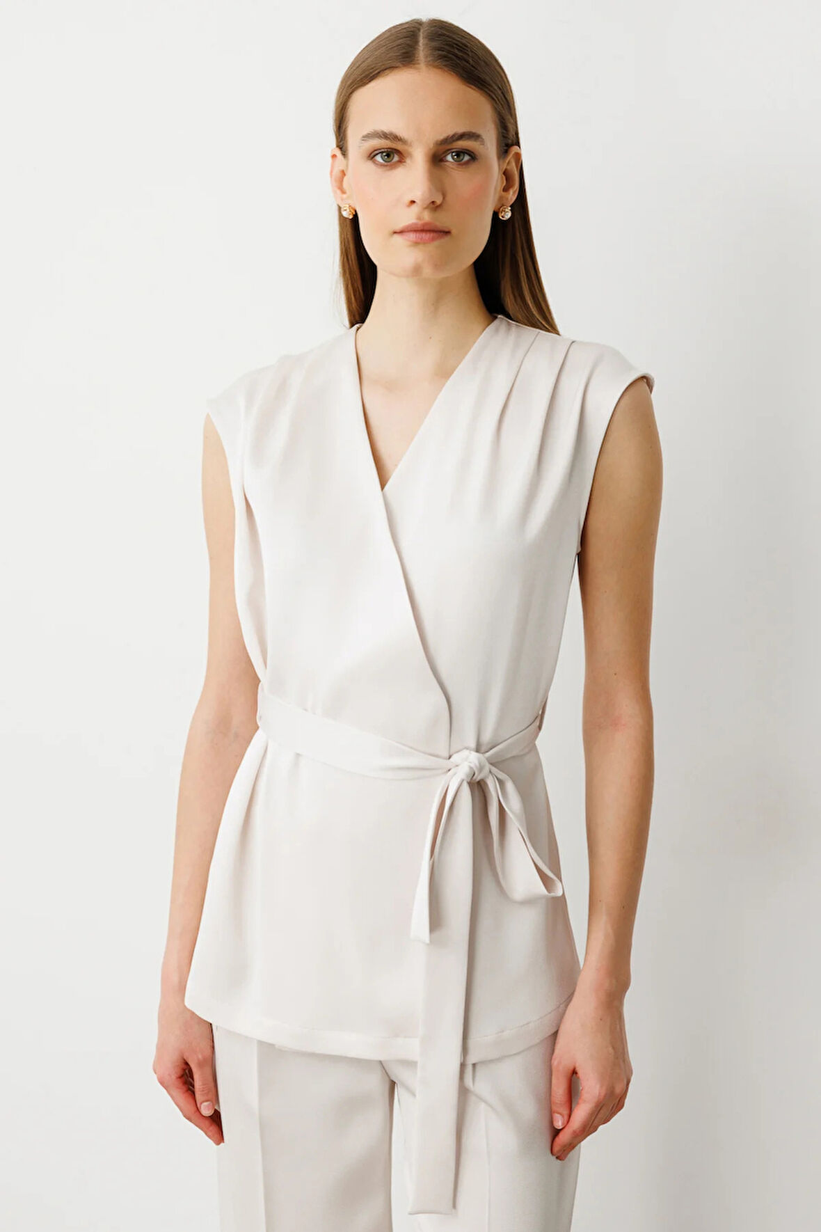 Ekol Kadın Beli Kuşaklı Saten Yelek 4158 İnci