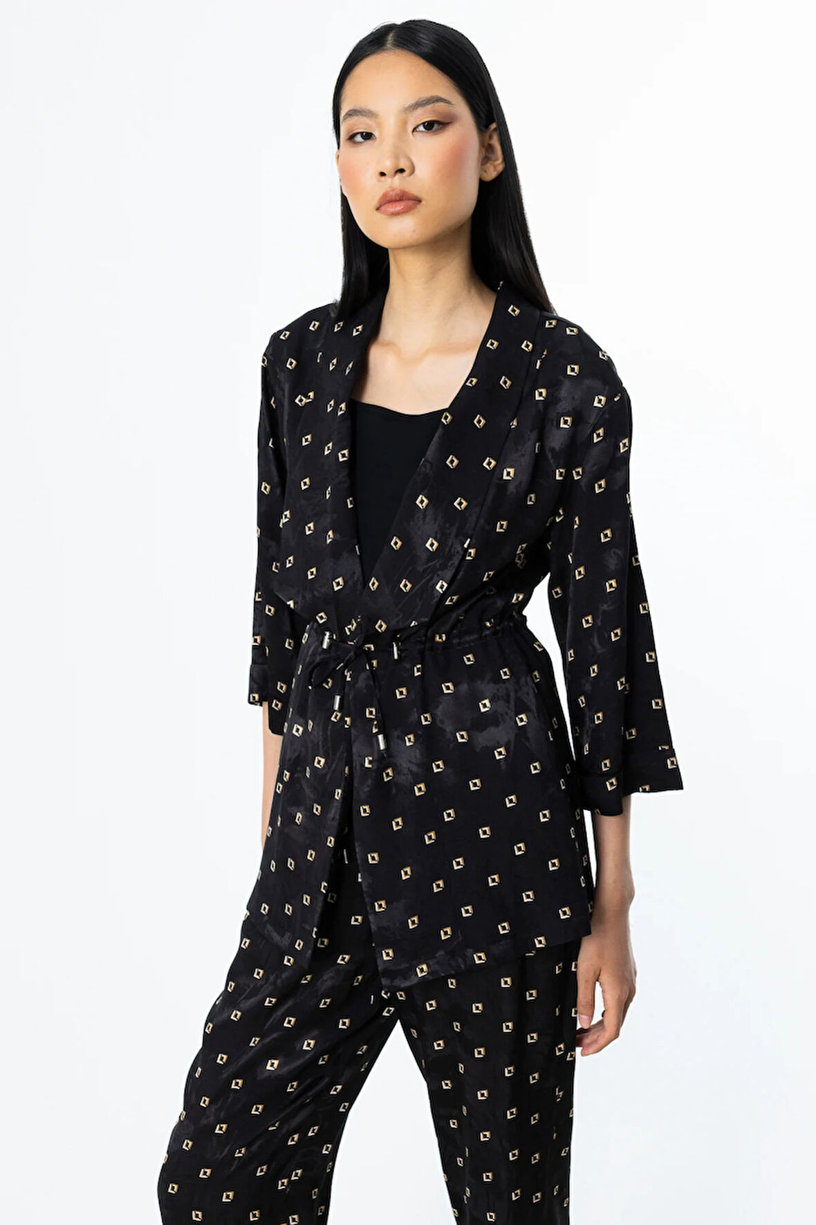 Ekol Kadın Beli Bağcıklı Desenli Ceket 4242 Siyah