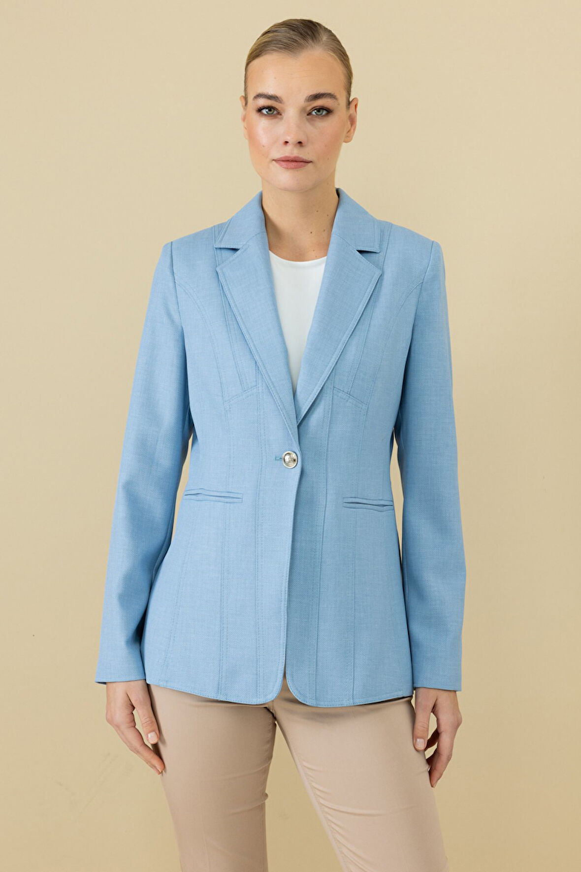 Ekol Kadın Dikiş Detaylı Süs Cepli Ceket 4134 Mavi