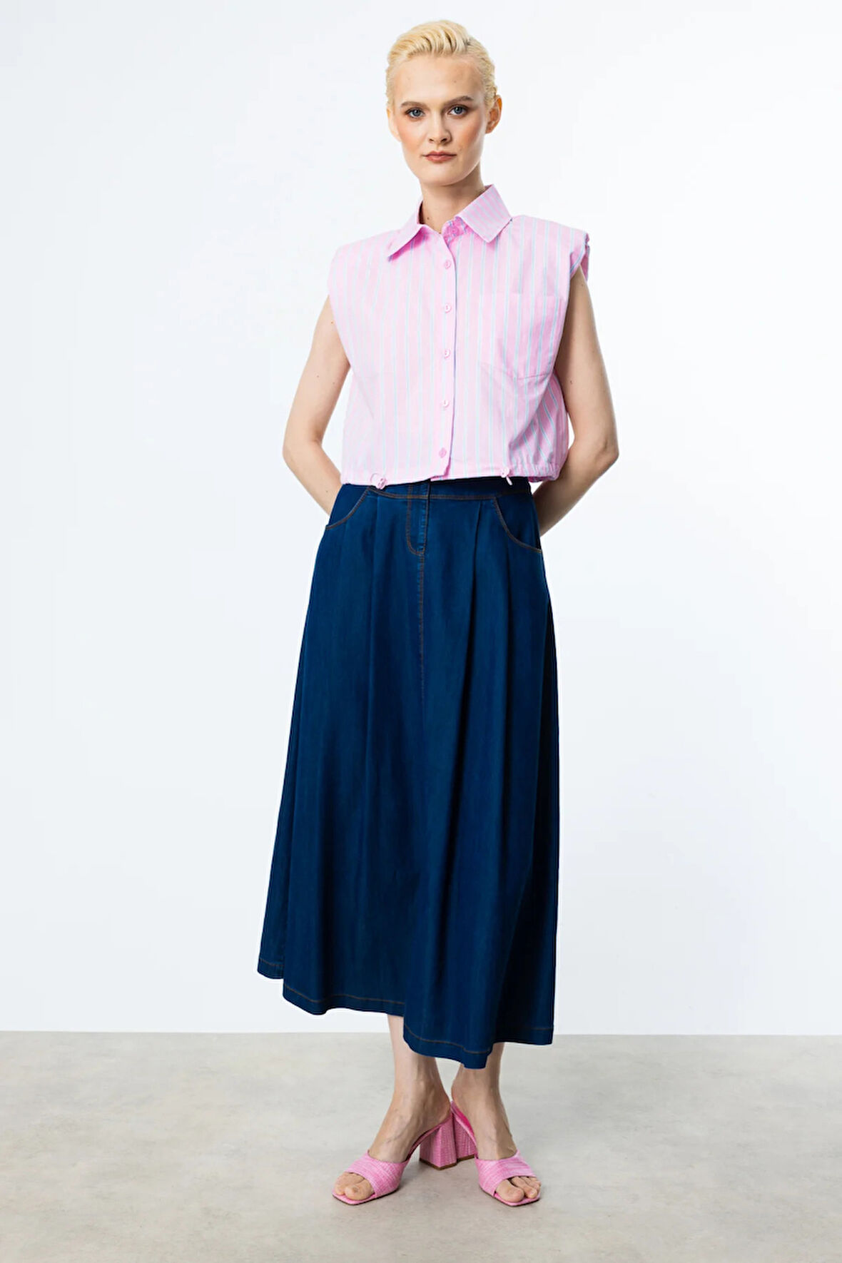 Ekol Kadın Beli Lastikli Pileli Etek 1056 Indigo