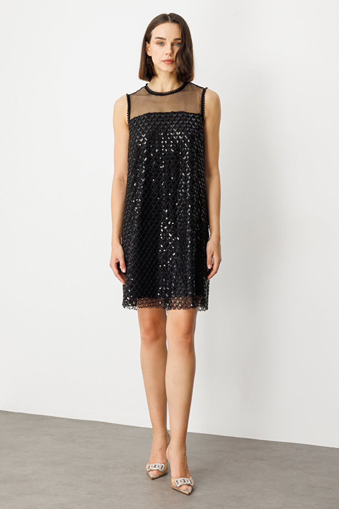 Ekol Kadın Pul ve Boncuklu Diz Üstü Elbise 5206 Siyah