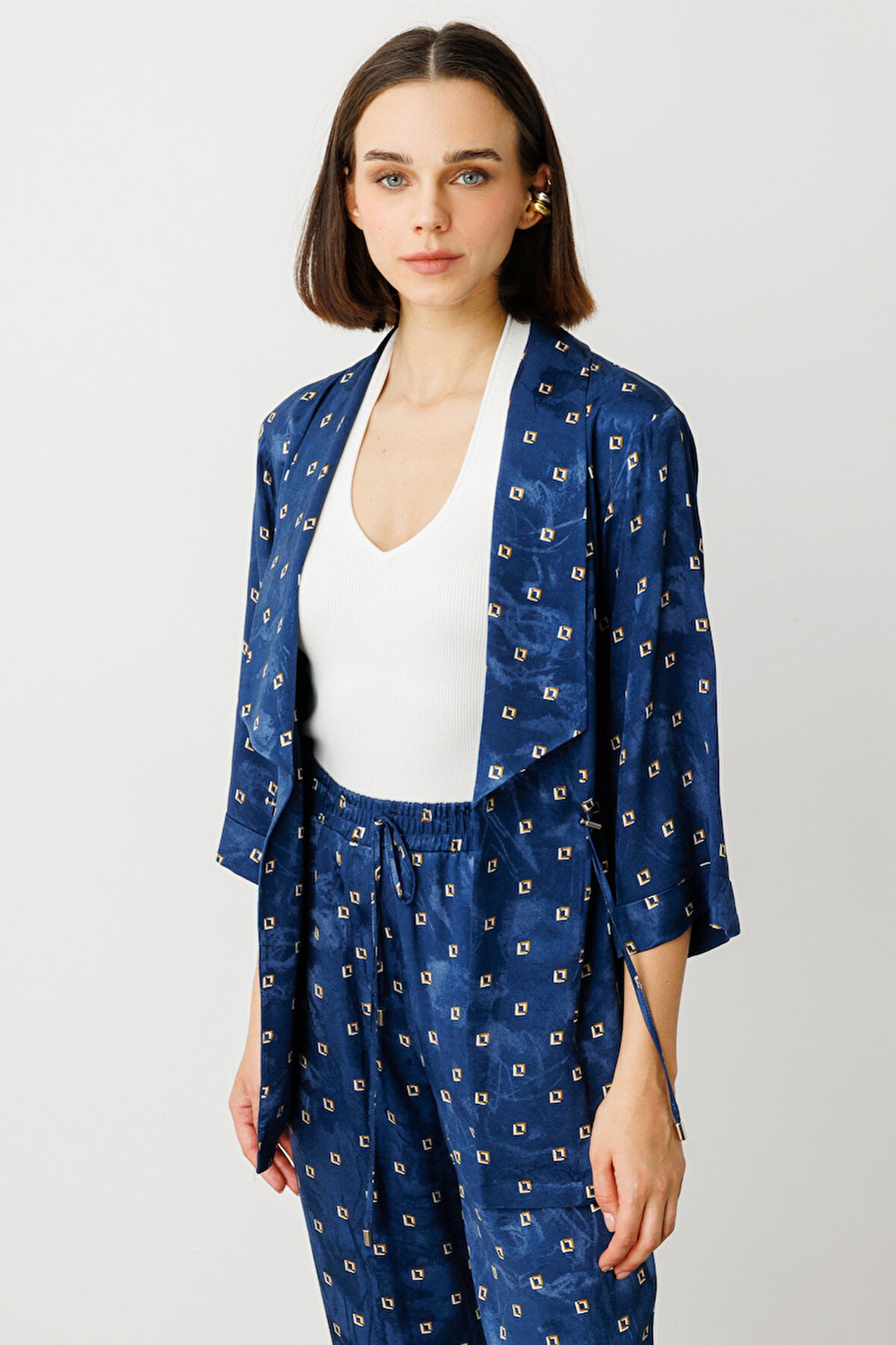 Ekol Kadın Beli Bağcıklı Desenli Ceket 4242 Lacivert