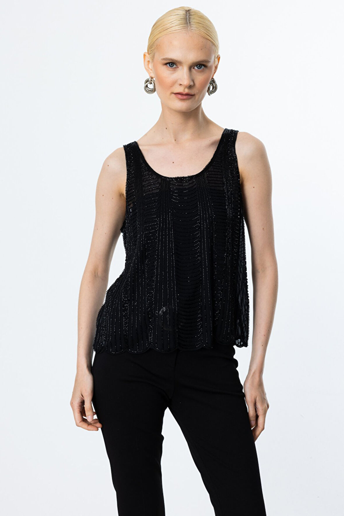 Ekol Kadın Boncuk İşlemeli Kalın Askılı Bluz 3950 Siyah