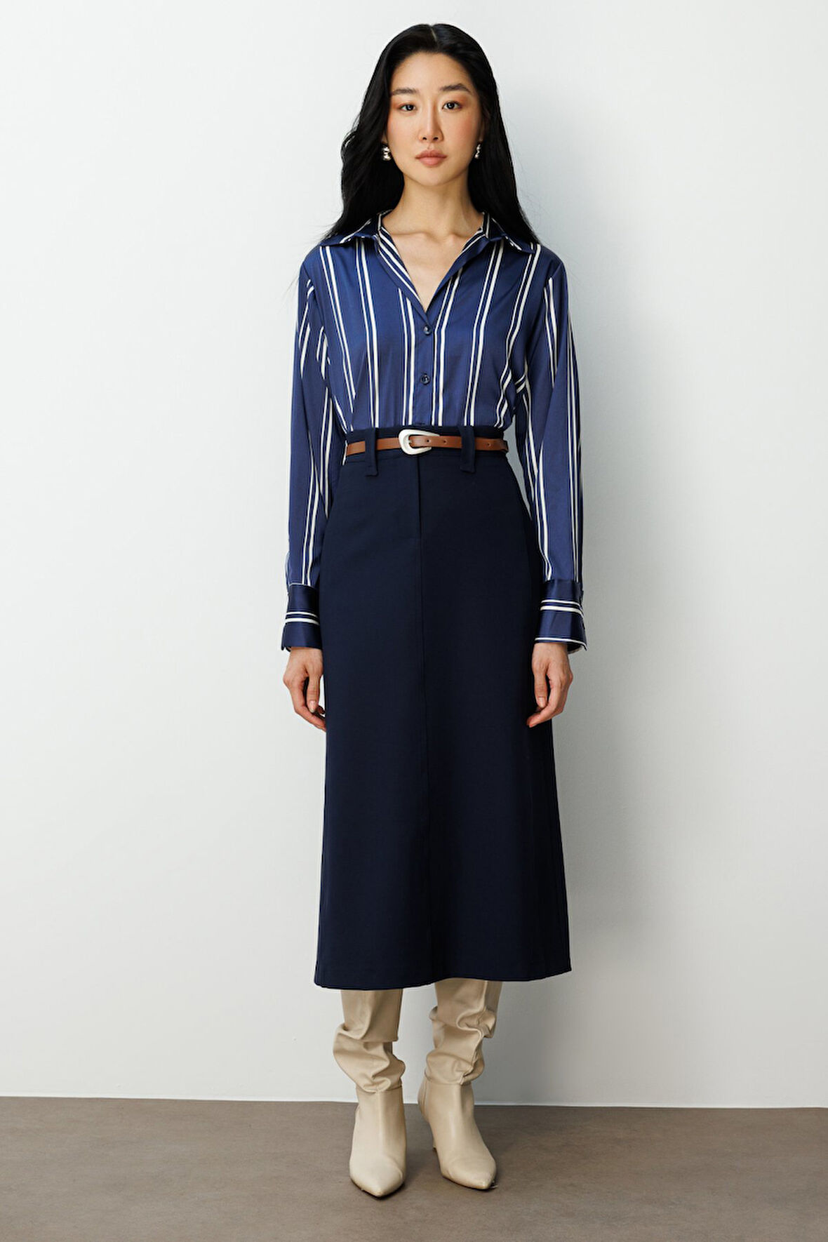 Ekol Kadın Beli Kemerli Midi Etek 2015 Lacivert